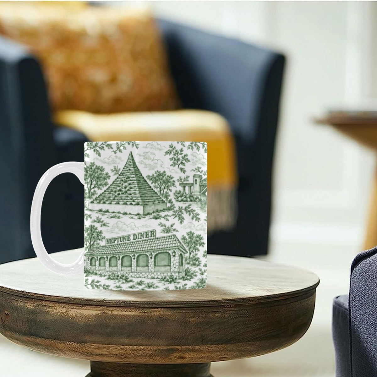 Astoria Green Toile de Jouy Mug | Queens Chinoiserie Ceramic Coffee Cup Custom White Mug (11oz)