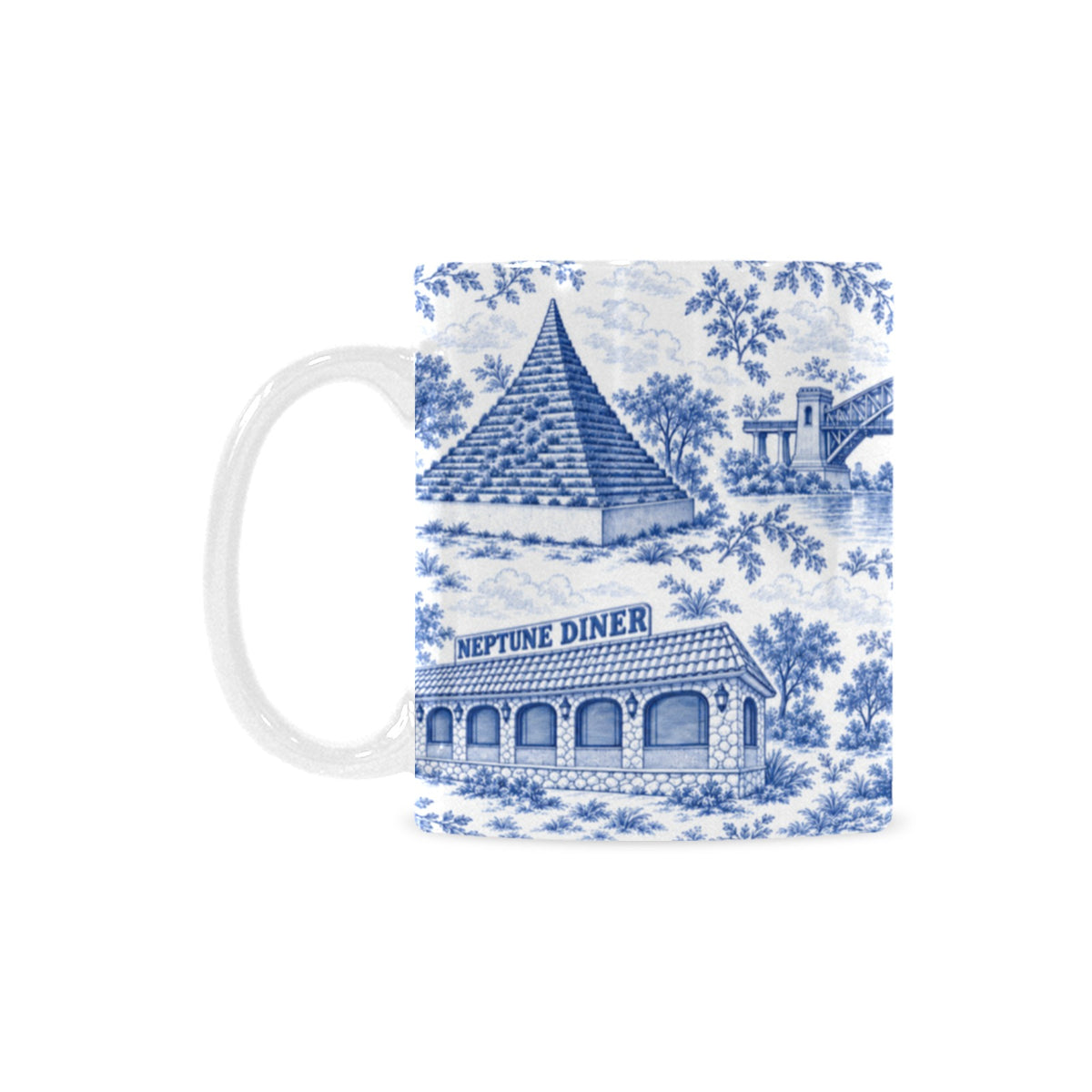 Astoria Blue Toile de Jouy Mug | Queens Chinoiserie Ceramic Coffee Cup Custom White Mug (11oz)