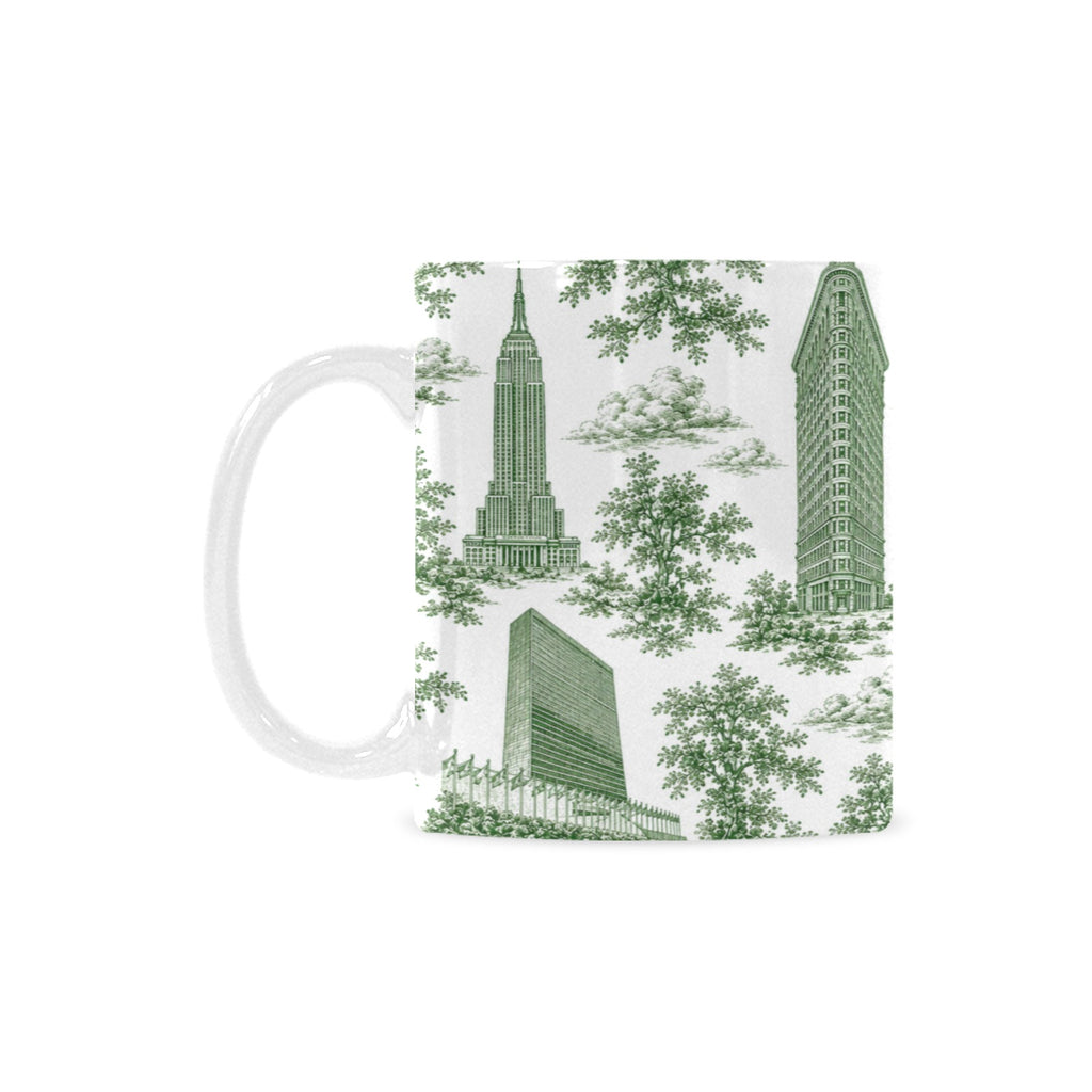 Manhattan Green Toile de Jouy Mug with Twin Towers | New York City Chinoiserie Ceramic Mug Custom White Mug (11oz)