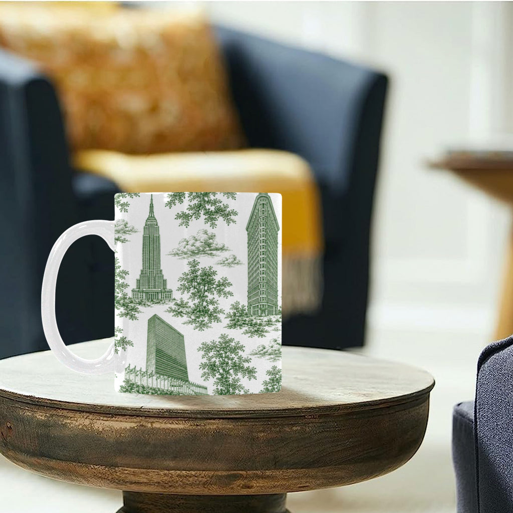 Manhattan Green Toile de Jouy Mug with Twin Towers | New York City Chinoiserie Ceramic Mug Custom White Mug (11oz)
