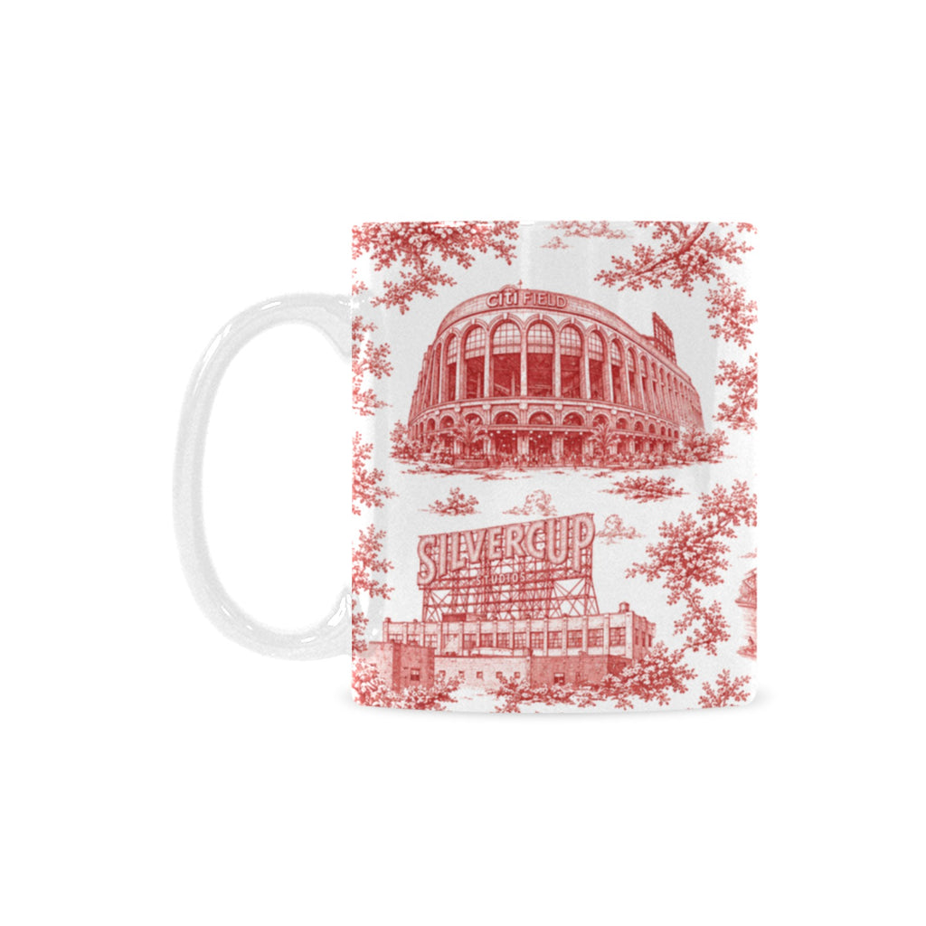 Queens Red Toile de Jouy Mug | New York City Chinoiserie Ceramic Coffee Cup Custom White Mug (11oz)