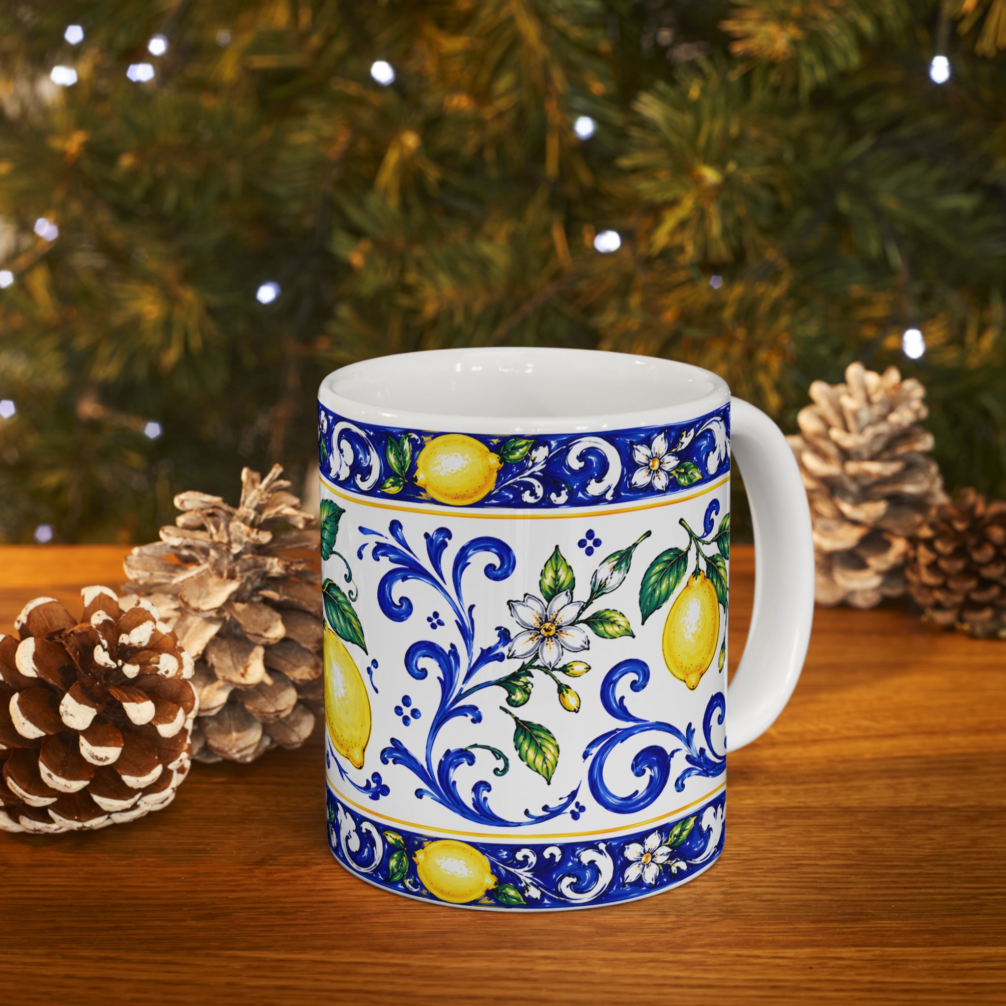 Little Italy Amalfi Blue and White with Lemon Mug — Italian Mediterranean Pattern Coffee Cup (11oz)