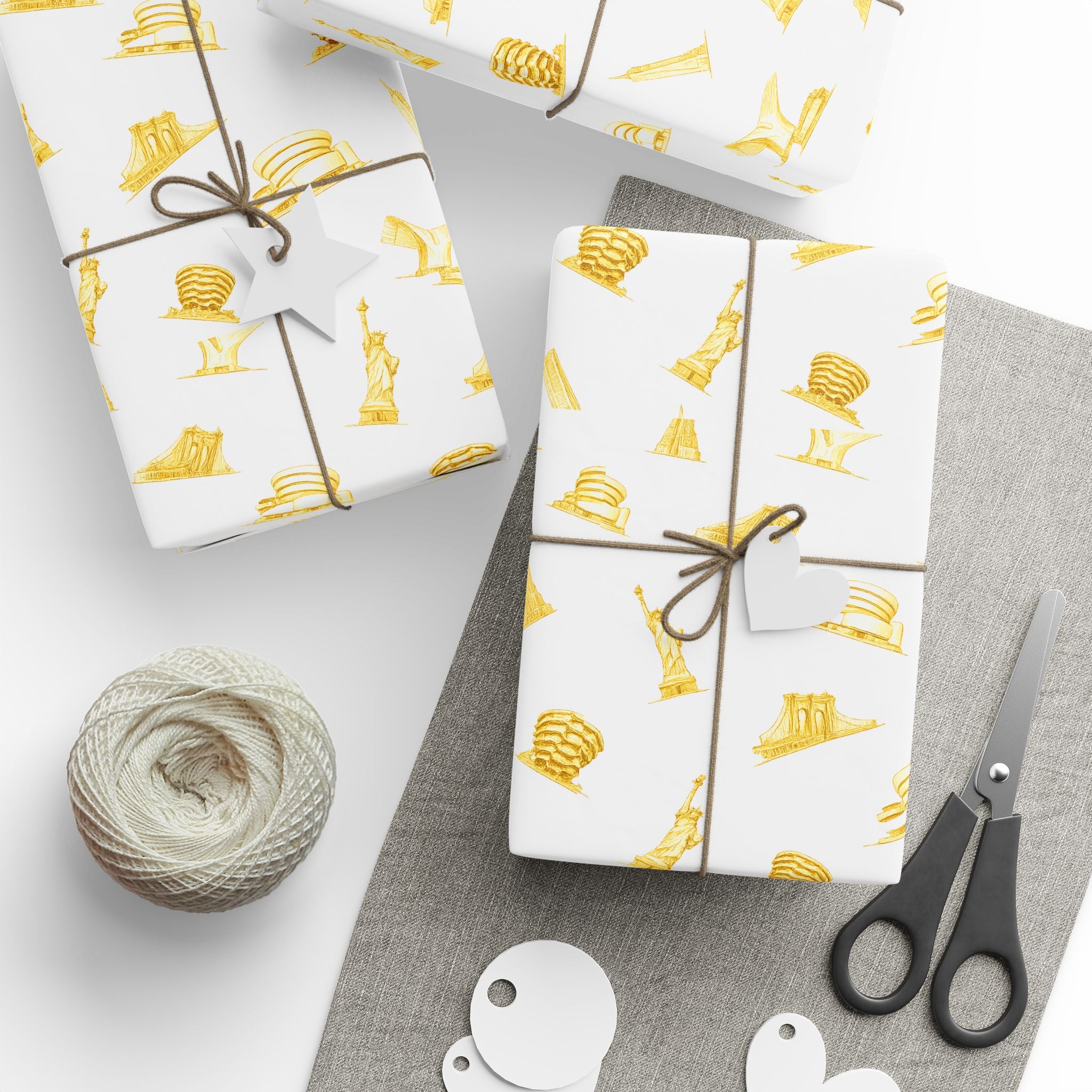 Gold NYC Landmarks on White Gift Wrap Paper | New York Statue of Liberty Oculus Vessel Brooklyn Bridge Guggenheim Wrapping Paper Roll