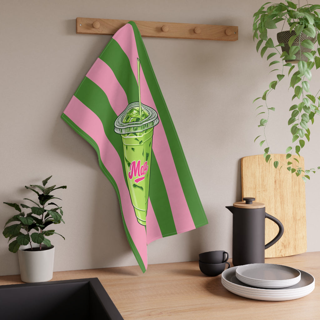 Matcha Drink Tea Towel — Green & Pink Striped Kitchen Towel with 'Matcha' Cup Design Hostess Gift