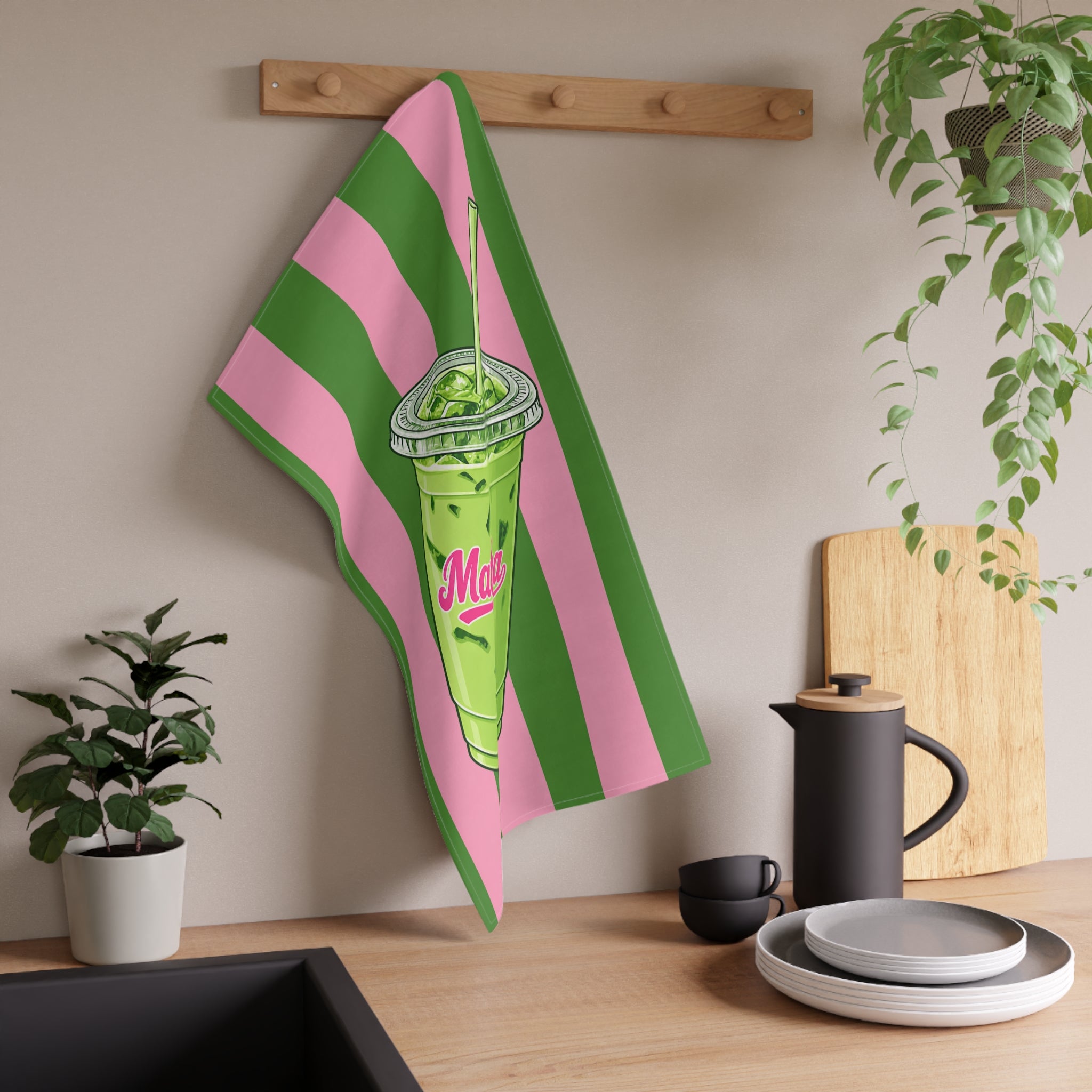 Matcha Drink Tea Towel — Green & Pink Striped Kitchen Towel with 'Matcha' Cup Design Hostess Gift