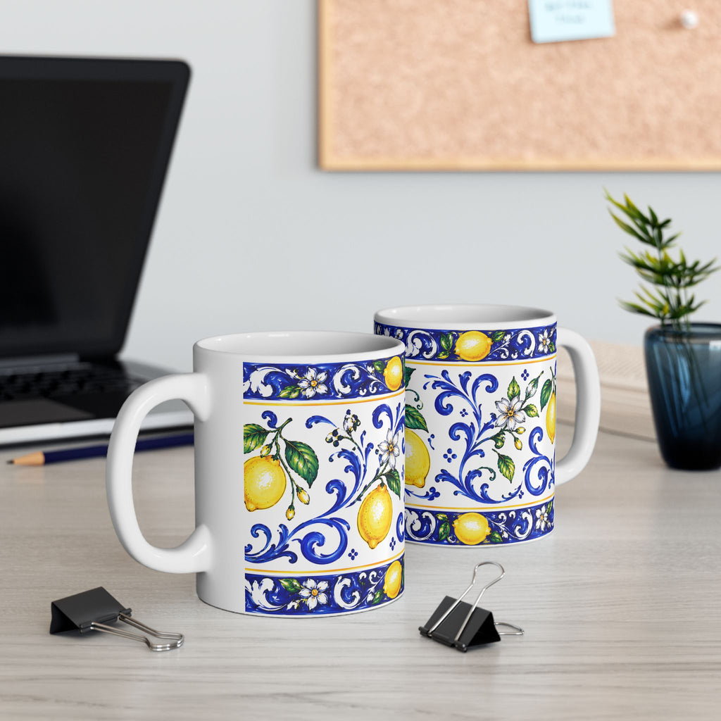 Little Italy Amalfi Blue and White with Lemon Mug — Italian Mediterranean Pattern Coffee Cup (11oz)