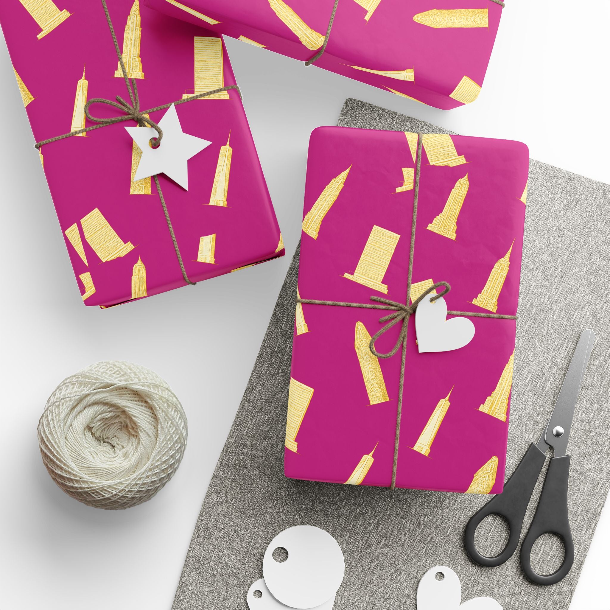 NYC Architecture Gold on Pink Pattern Gift Wrap Paper | Iconic New York Buildings Empire State Chrysler Flatiron Wrapping Paper