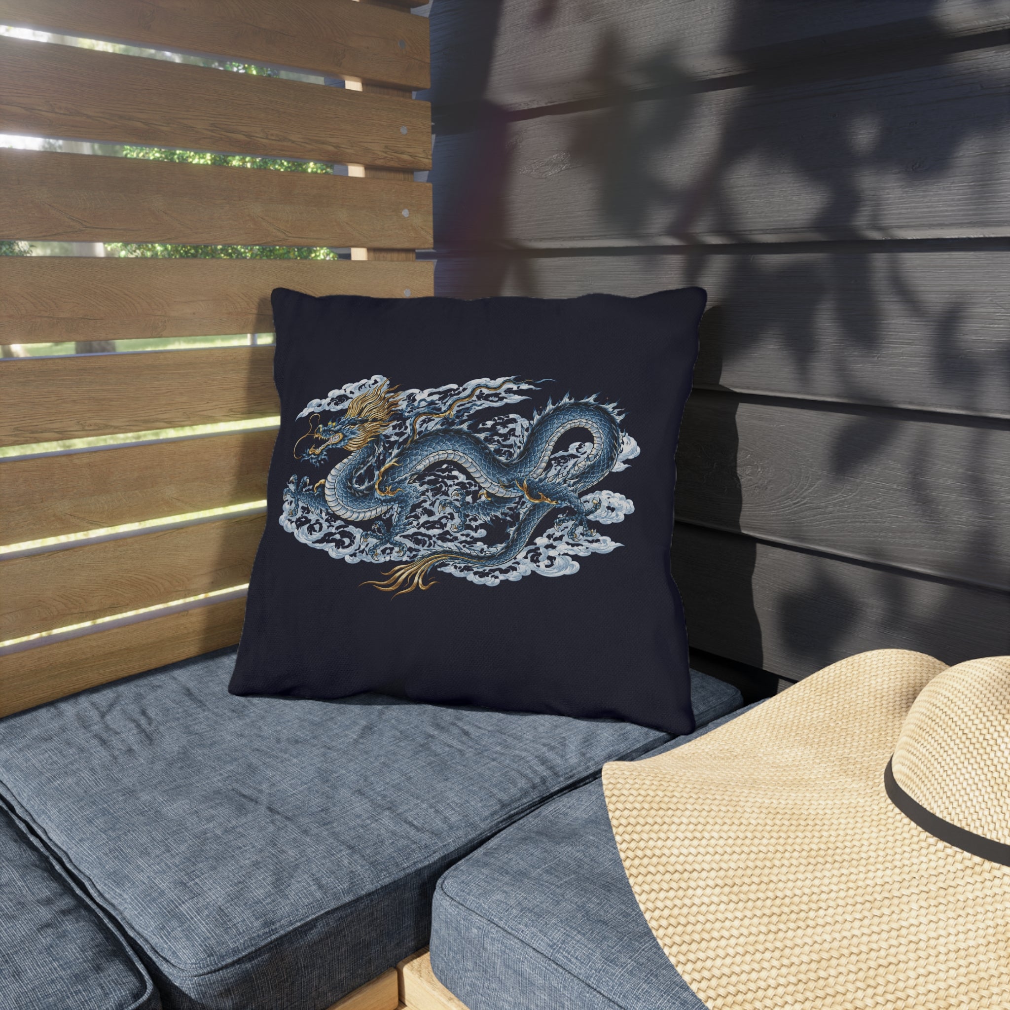 Chinatown Blue Dragon Outdoor Pillow  – Throw Cushion