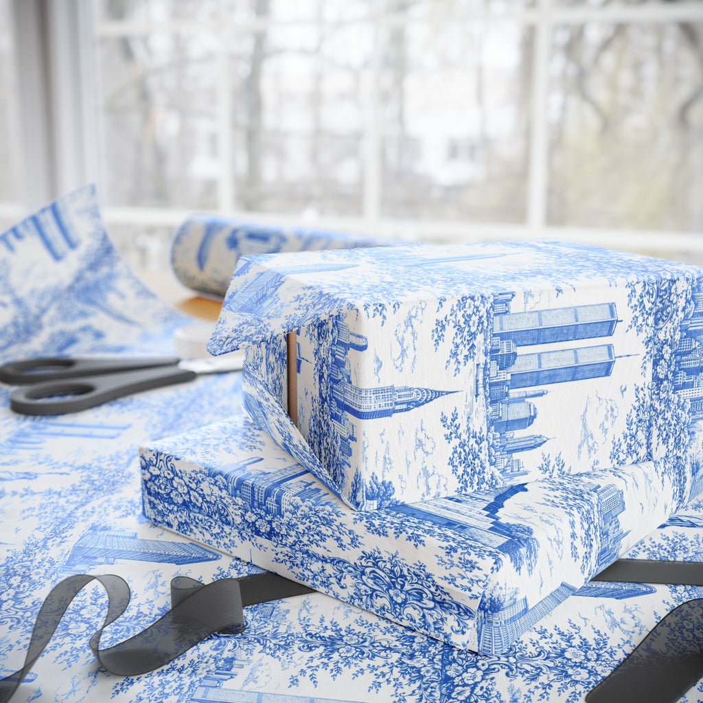 Manhattan NYC Blue Toile Gift Wrapping Papers   Chinoiserie New York City Gift Wrap Empire State Building Twin Towers Statue of Liberty