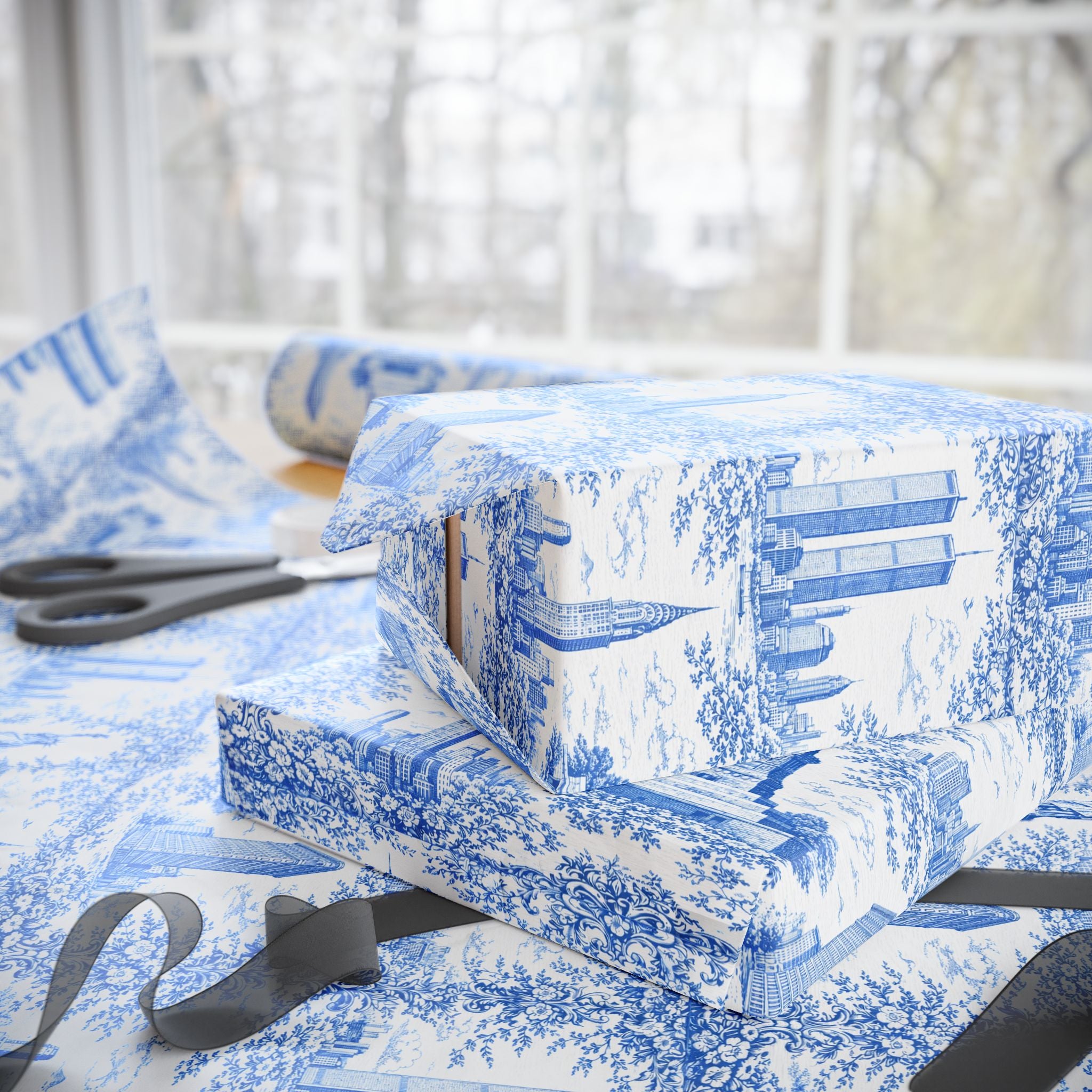 Manhattan NYC Blue Toile Gift Wrapping Papers   Chinoiserie New York City Gift Wrap Empire State Building Twin Towers Statue of Liberty