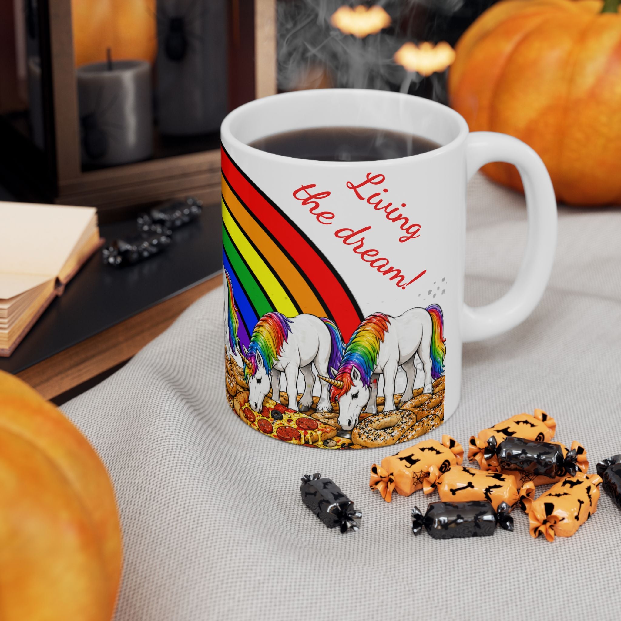 NYC Living the Dream Rainbow Unicorn Mug —  Pizza and Bagels New York Is a Fairy Tale Ceramic Coffee Cup