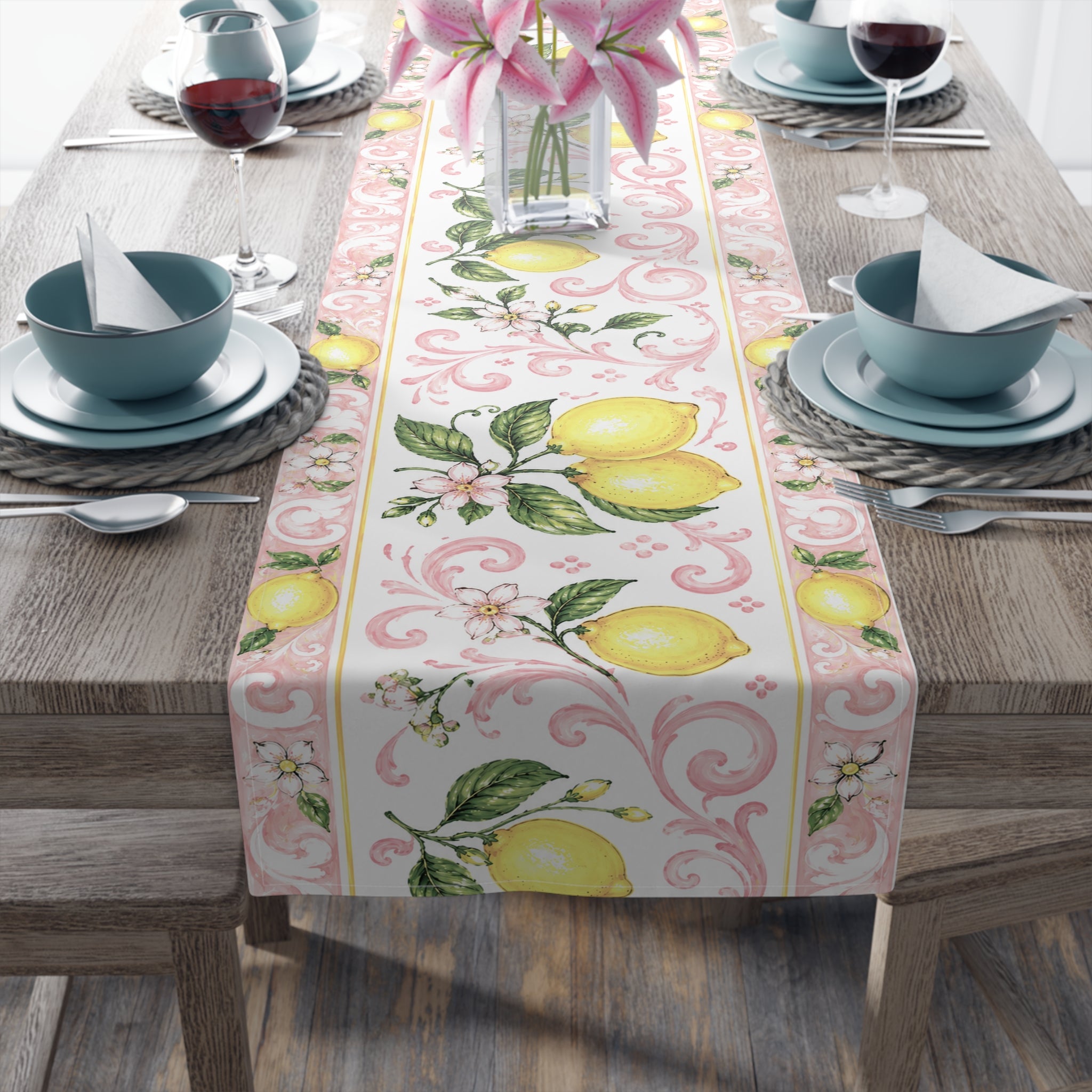 Little Italy Amalfi Pink with Lemon 4 Table Runner – Mediterranean Dining Decor
