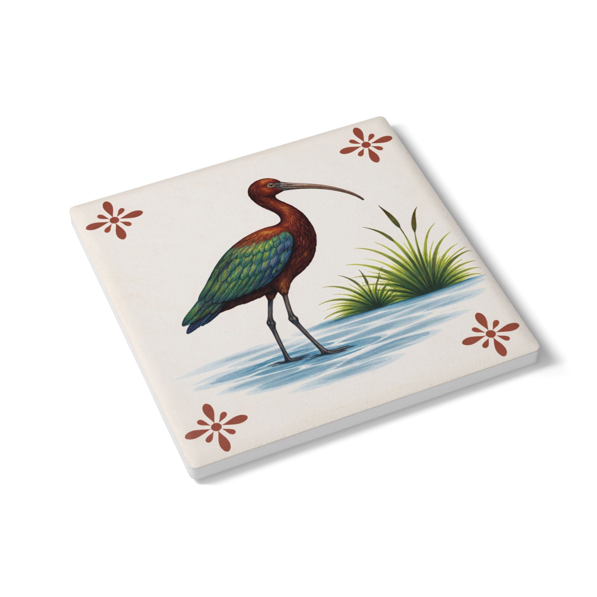 Subway Island Glossy Ibis Ceramic Coaster – Bird Lover Azulejos-style Tile Drink Coaster