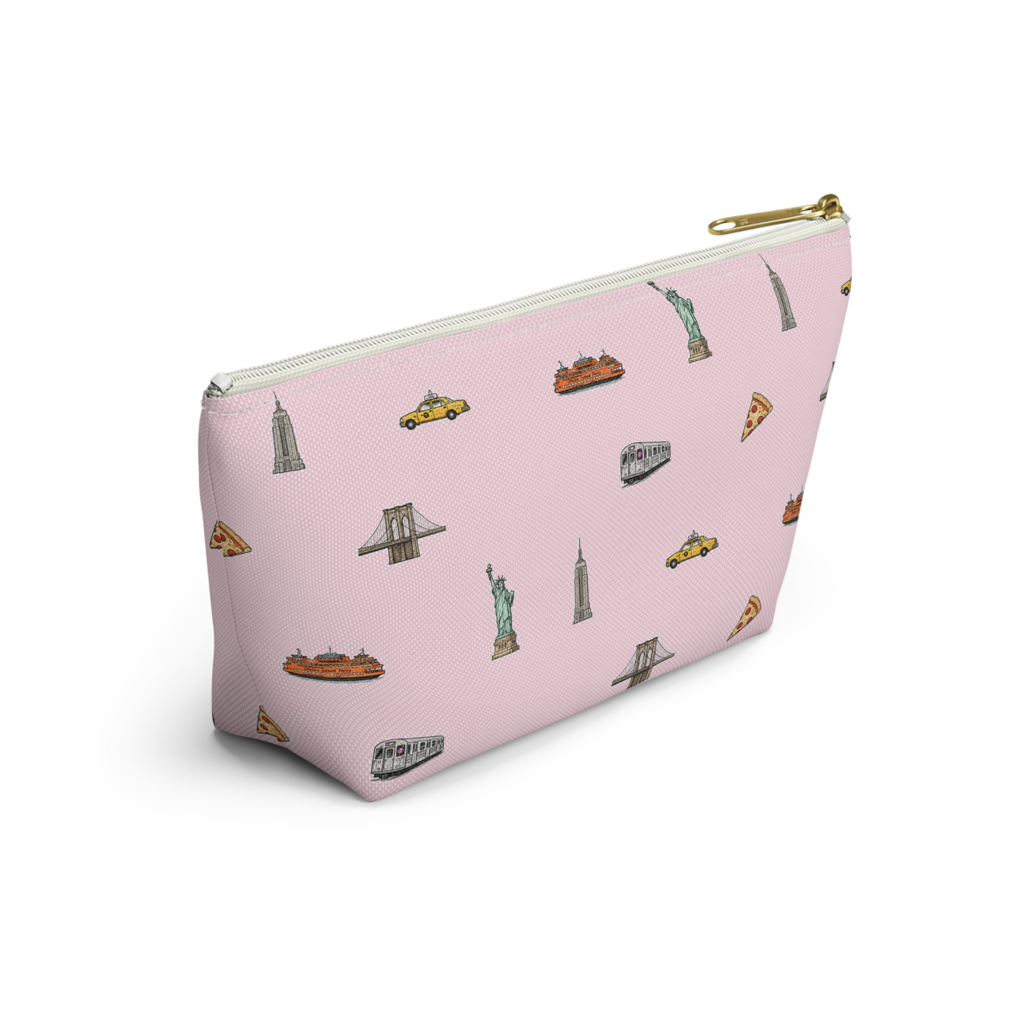 Icons of New York City Pink  Accessory Pouch — T-Bottom Makeup Bag with Statue of Liberty, Taxi & Pizza Pattern