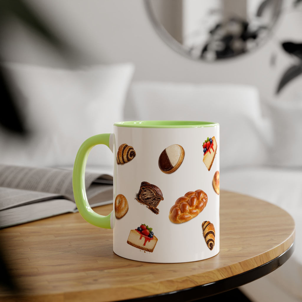 NYC Kosher Bakery Pattern Mug | Babka Cheesecake Rugelach Black + White Cookie Challah Bagel 11oz Ceramic Coffee Cup