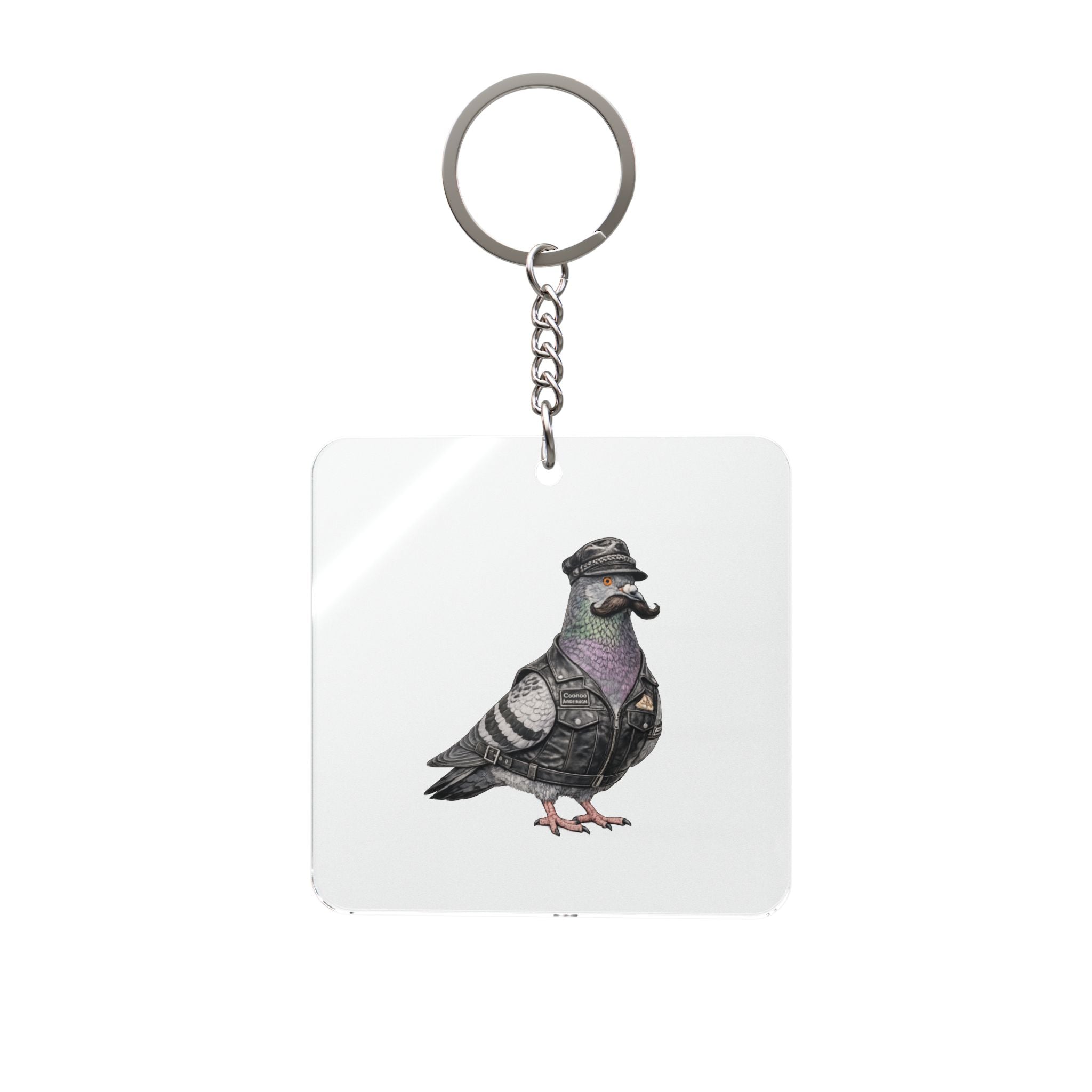 Customizable Chelsea NYC Pigeon Square Keychain | New York Black Leather LGBTQ Biker Bird Lovers Keyring Gift
