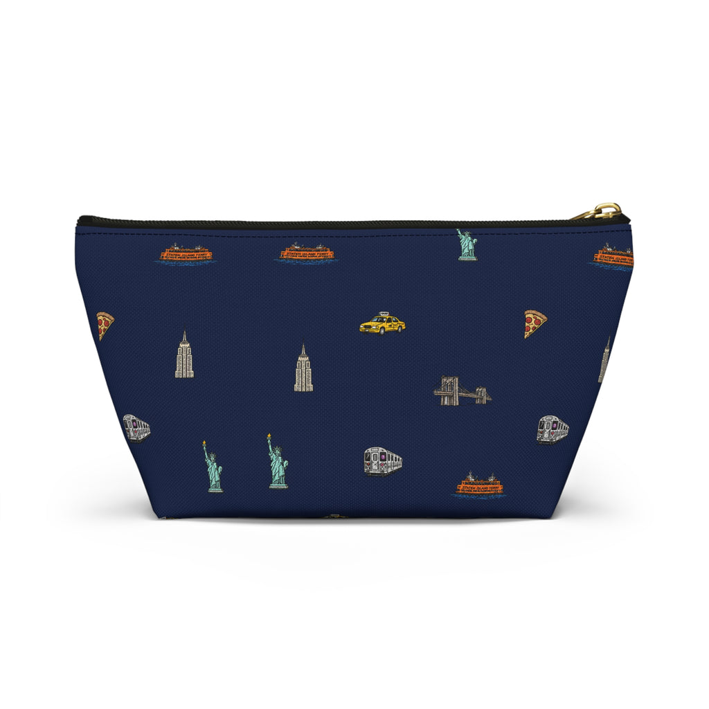 Icons of New York City Navy Blue Accessory Pouch — T-Bottom Makeup Bag with Statue of Liberty, Taxi & Pizza Pattern