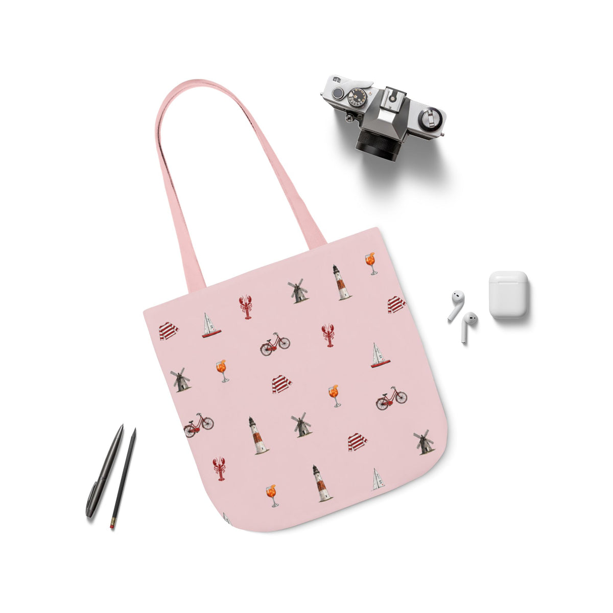 Icons of The Hamptons Pink Canvas Tote — Lighthouse, Windmill, Lobster Sailboat Icons