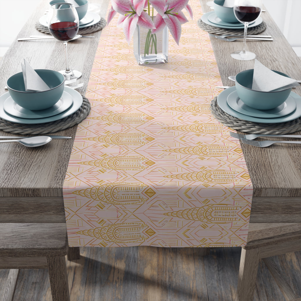 Art Deco Chrysler Building Pale Pink & Gold Table Runner — NYC Elegant Geometric Tabletop Dining Decor