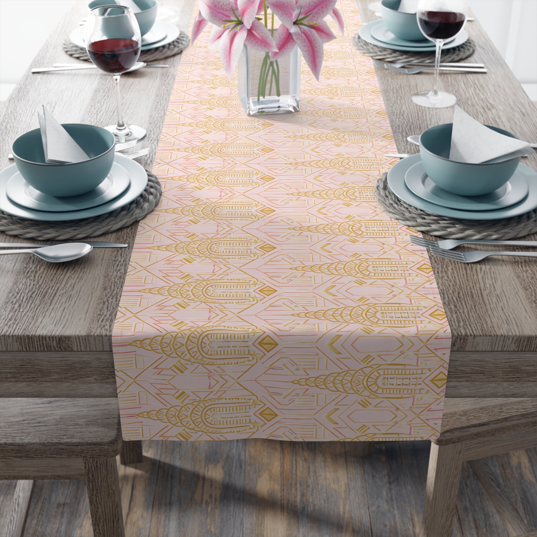 Art Deco Chrysler Building Pale Pink & Gold Table Runner — NYC Elegant Geometric Tabletop Dining Decor