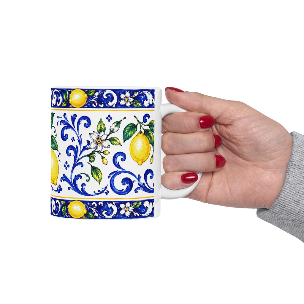 Little Italy Amalfi Blue and White with Lemon Mug — Italian Mediterranean Pattern Coffee Cup (11oz)