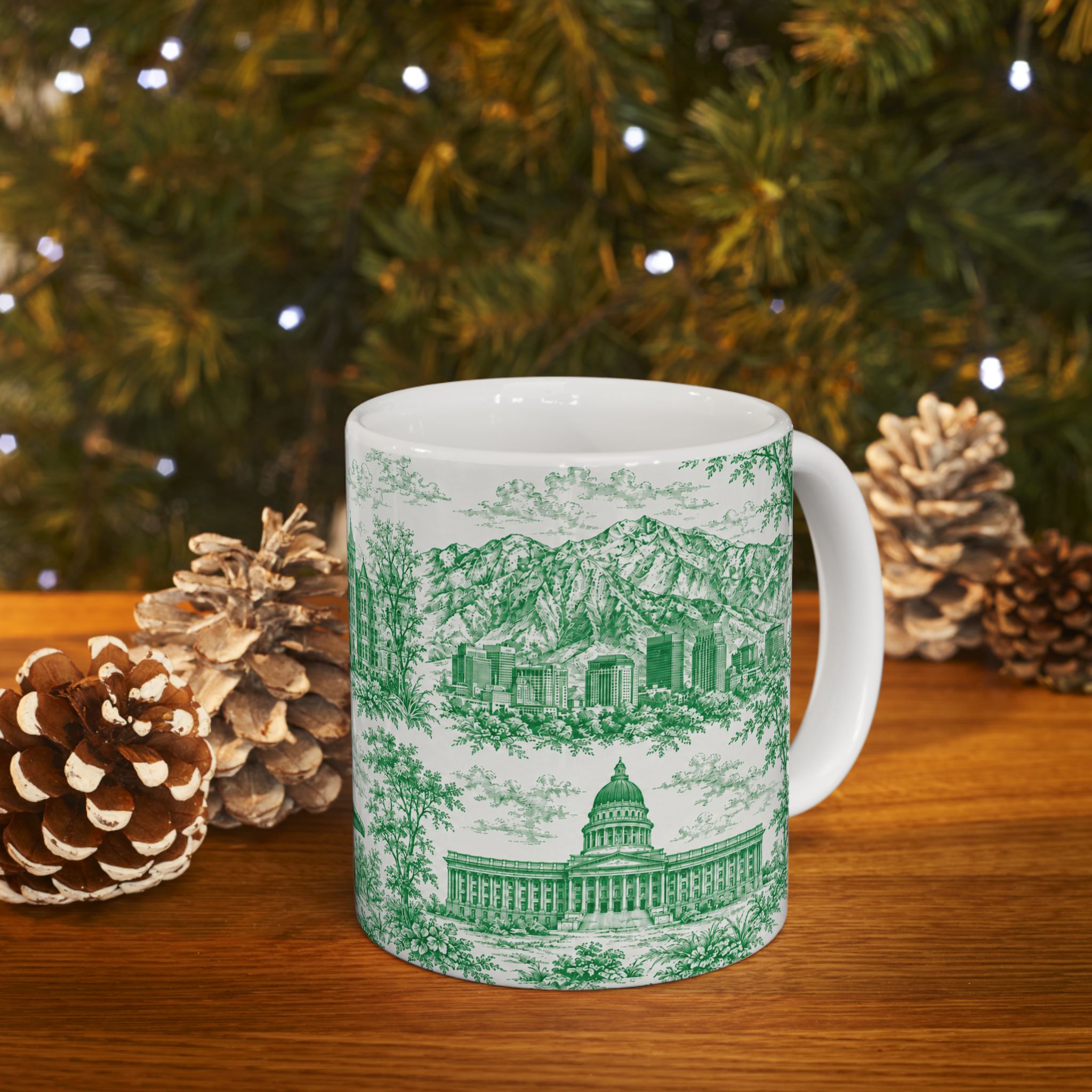 Salt Lake City Green Toile de Jouy Mug —  Ceramic Coffee Cup (11oz)
