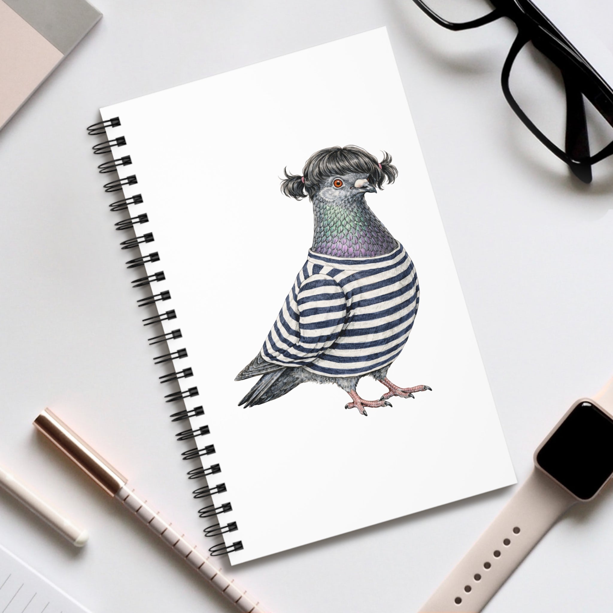 Customizable Williamsburg NYC Pigeon Spiral Journal | Brooklyn Mona Lisa Hipster Bird Lovers Notebook