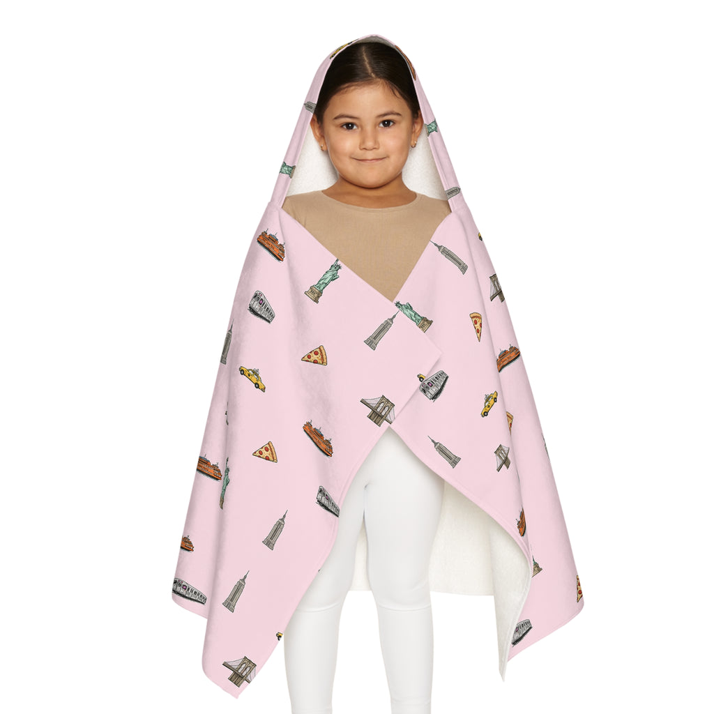 Icons of New York City Pink Hooded Kids Towel — Statue of Liberty, Pizza & Skyline Childrens Towel