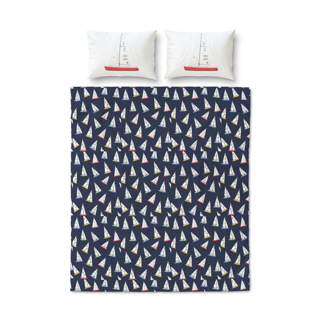 Central Park Model Sailboats Quilt Cover Set - 3-Piece Navy Duvet with Sail Pillowcases