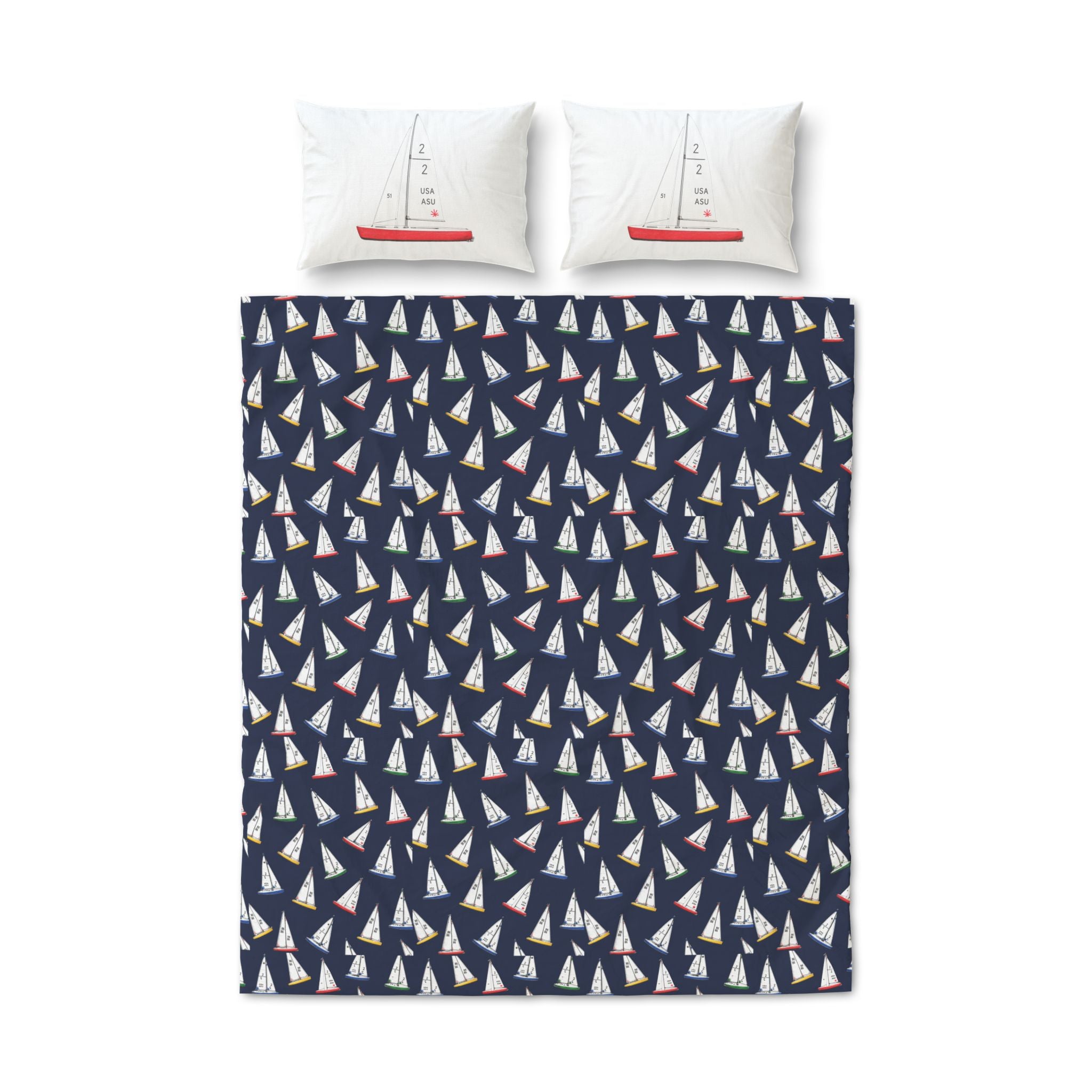 Central Park Model Sailboats Quilt Cover Set - 3-Piece Navy Duvet with Sail Pillowcases