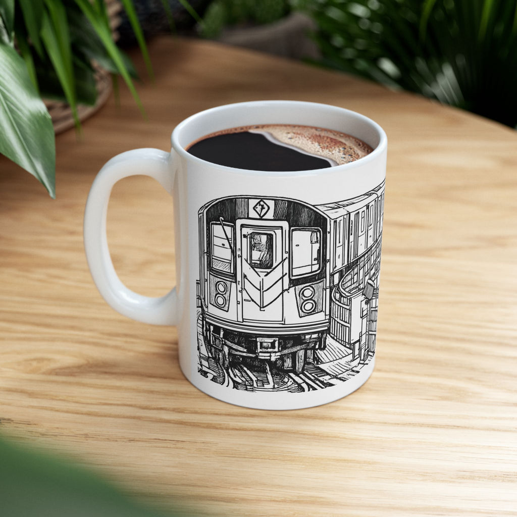 NYC Elevated Subway Train Mug | Urban Transit Sketch Coffee Mug