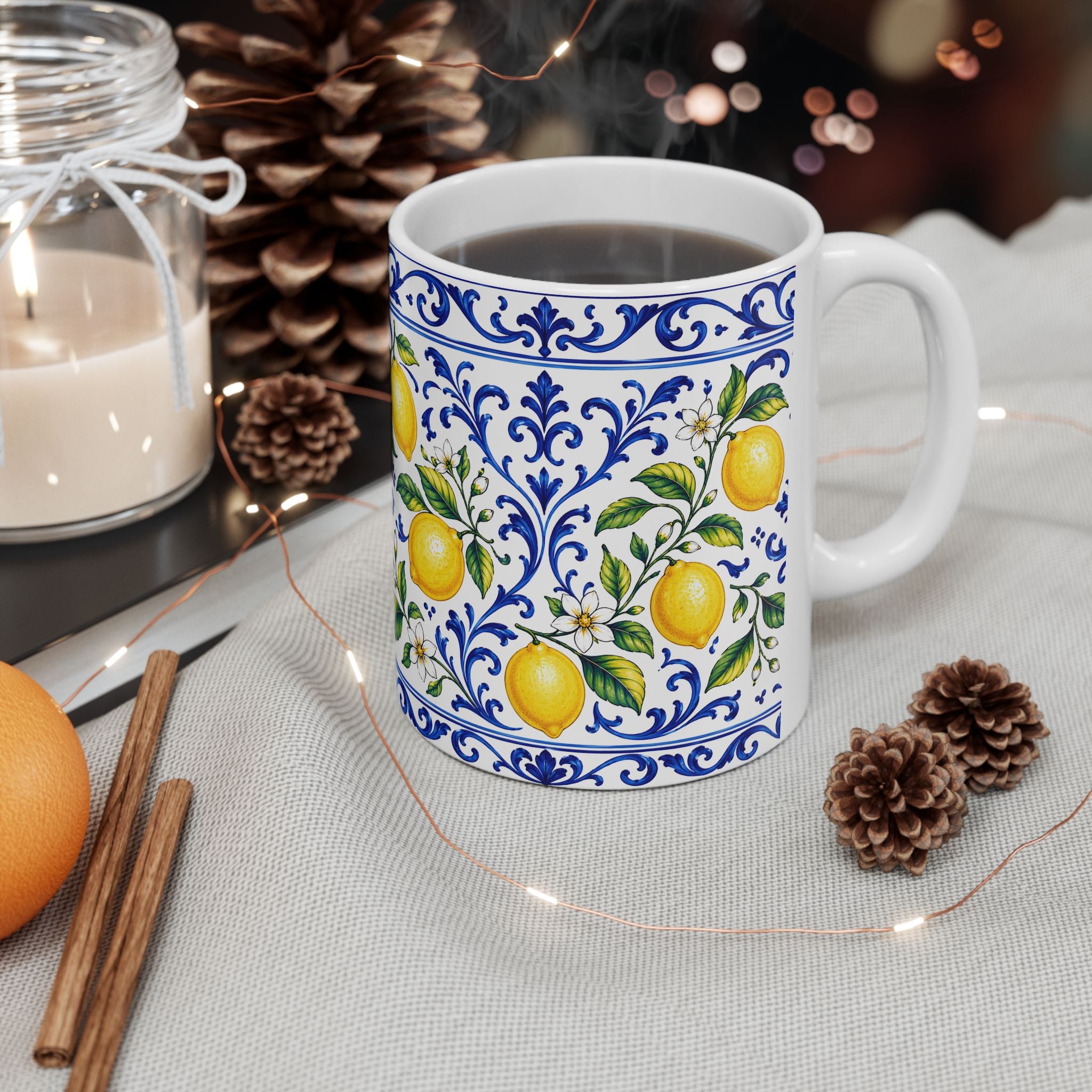 Little Italy Amalfi Blue and White with Lemon Mug — Italian Mediterranean Pattern Coffee Cup (11oz)