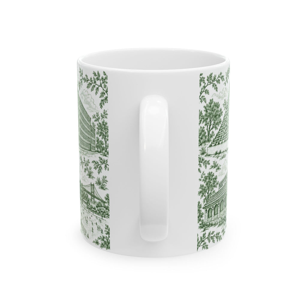 Astoria Green Toile Cityscape Ceramic Mug — 11oz Decorative Coffee Cup