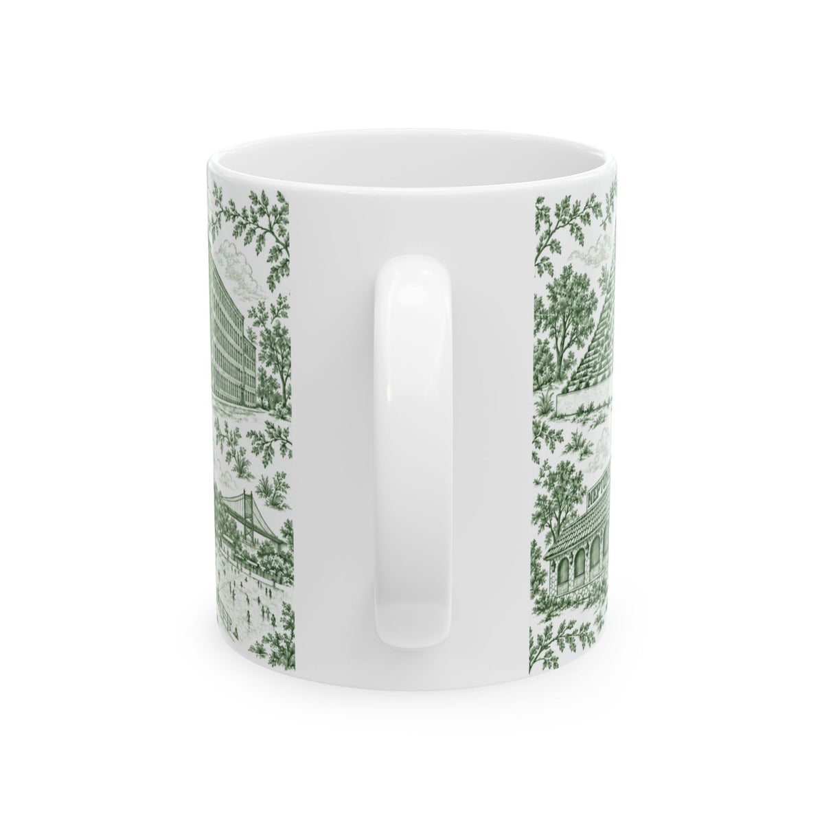 Astoria Green Toile Cityscape Ceramic Mug — 11oz Decorative Coffee Cup