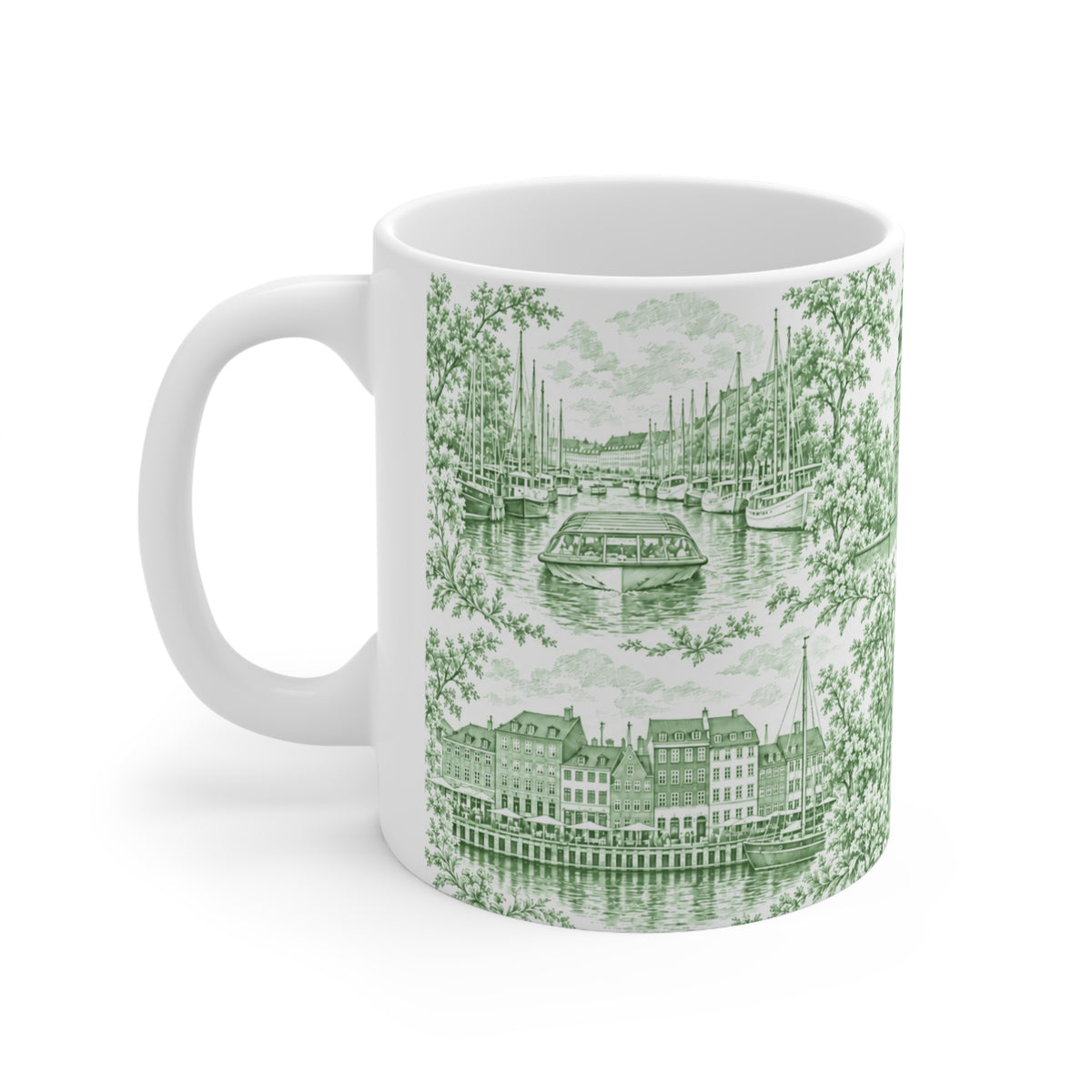 Copenhagen Green Toile de Jouy Ceramic Coffee Mug (11 oz, Ships from Europe)