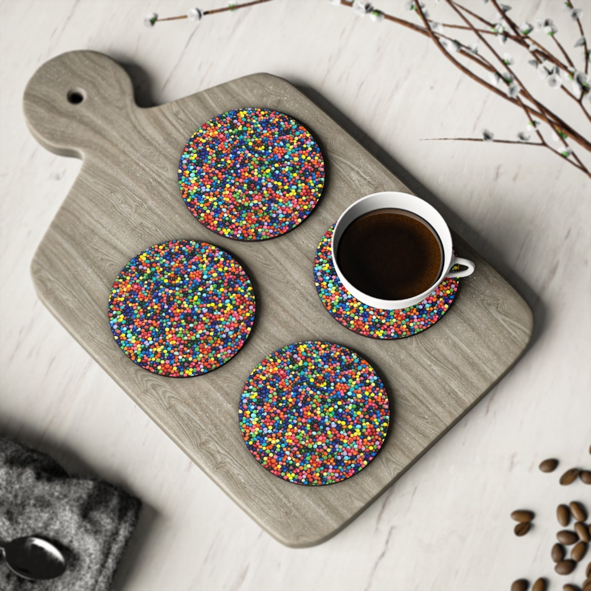 Rainbow Sprinkle Cork Coaster — Colorful Non-Slip Drink Coaster