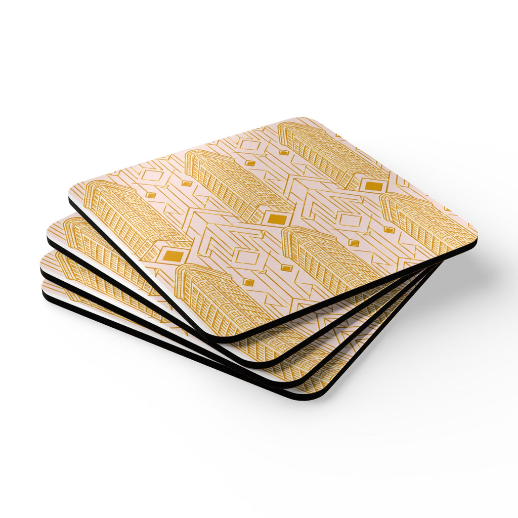 Art Deco Flatiron Building Gold & Pink Cork Coaster Set — Geometric Cocktail Coasters Set of 4