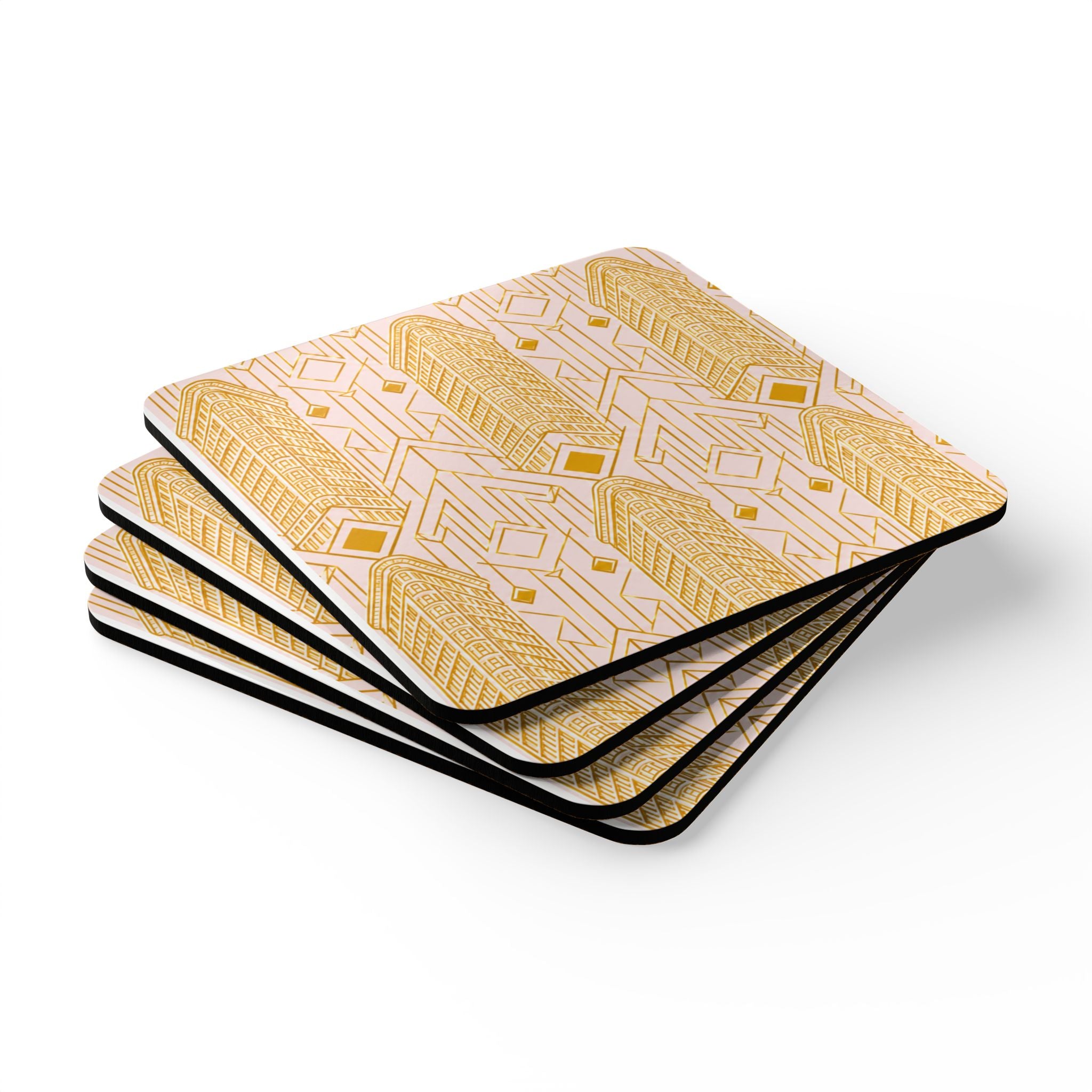 Art Deco Flatiron Building Gold & Pink Cork Coaster Set — Geometric Cocktail Coasters Set of 4