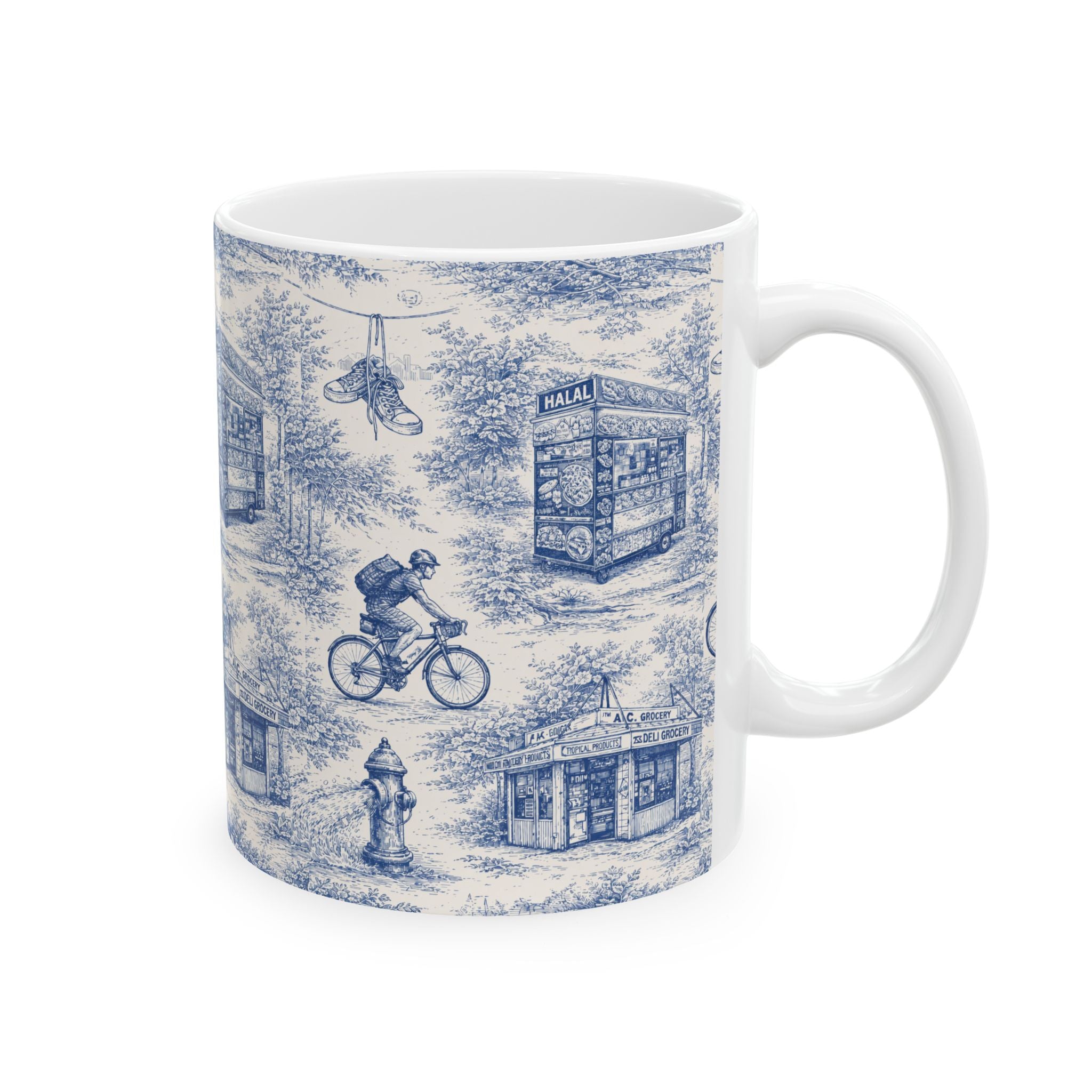 NYC Blue and White Toile City Scenes Mug | Chinoiserie Ceramic Coffee Cup