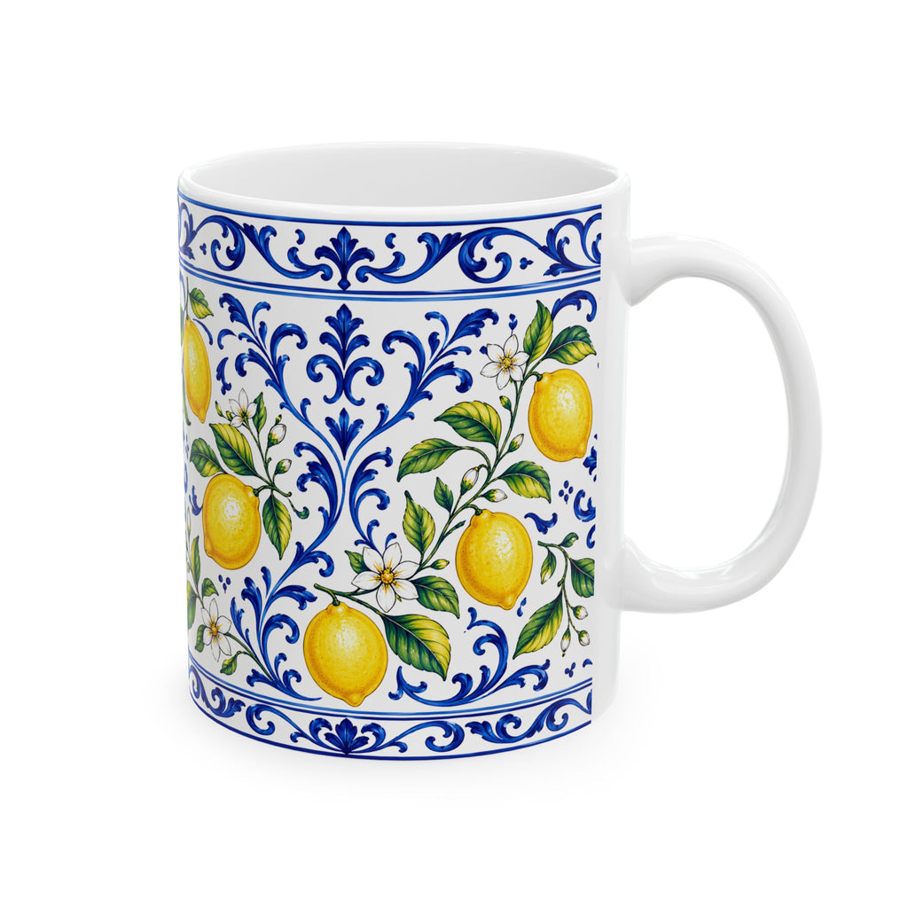 Little Italy Amalfi Blue and White with Lemon Mug — Italian Mediterranean Pattern Coffee Cup (11oz)