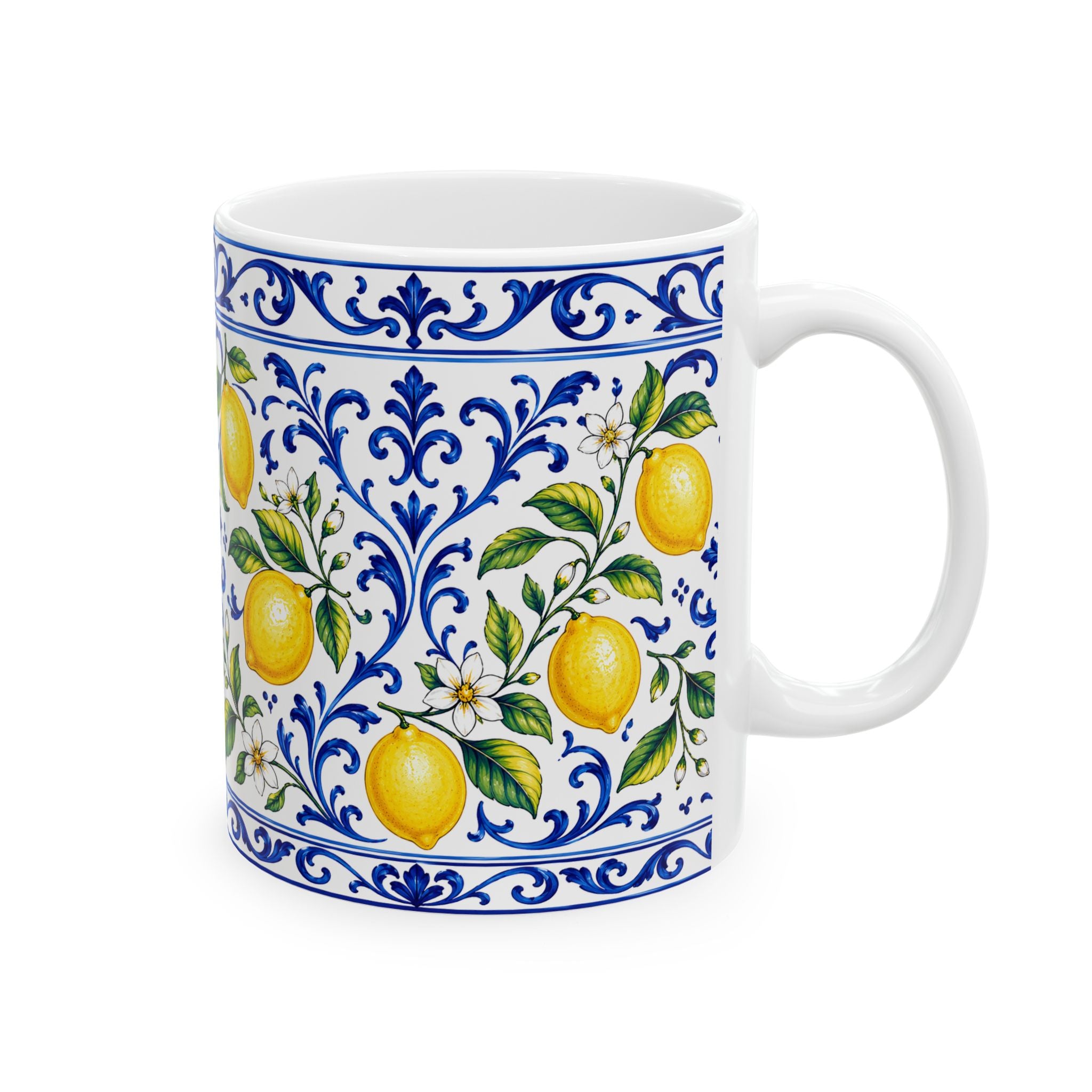 Little Italy Amalfi Blue and White with Lemon Mug — Italian Mediterranean Pattern Coffee Cup (11oz)