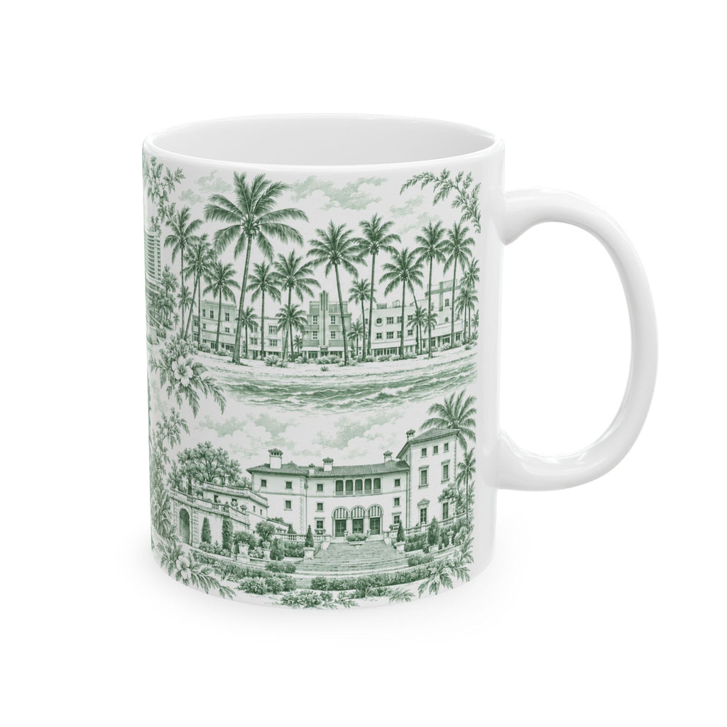 Miami Green Toile de Jouy Ceramic Mug — Vintage Palm Florida Chinoiserie 11oz