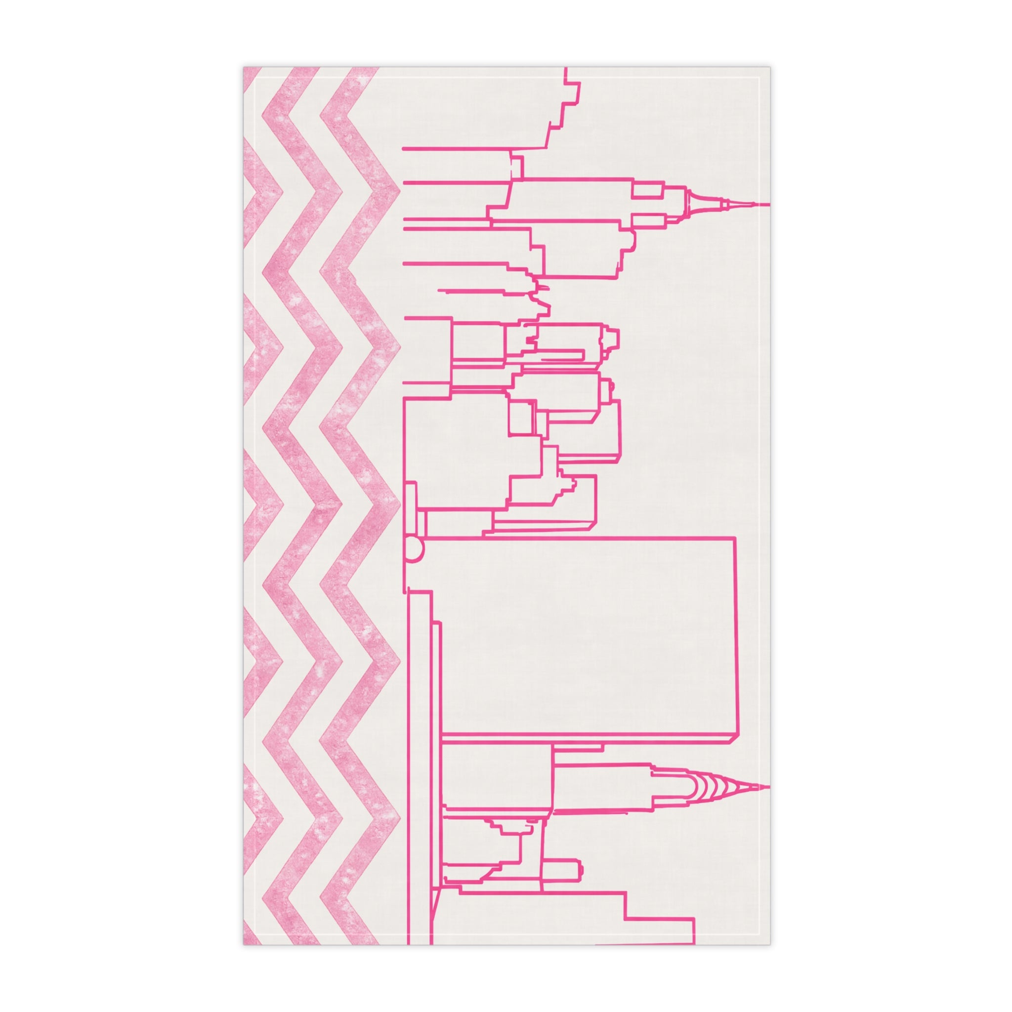 NYC Manhattan Skyline Pink Chevron Tea Towel — Minimal Pink & White New York City Skyline Kitchen Linen