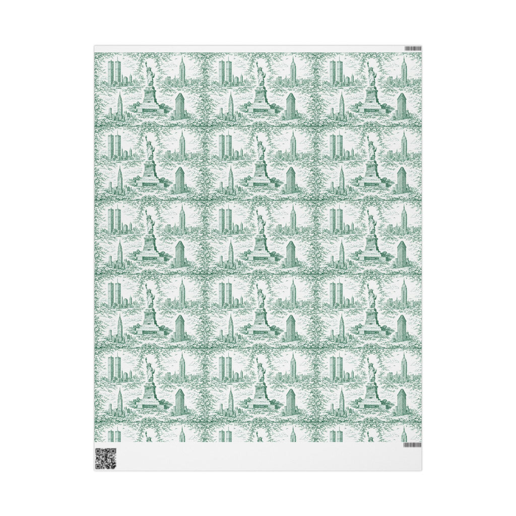 Manhattan NYC Green Toile Gift Wrapping Papers   Chinoiserie Old New York City Gift Wrap Empire State Building Twin Towers Statue of Liberty