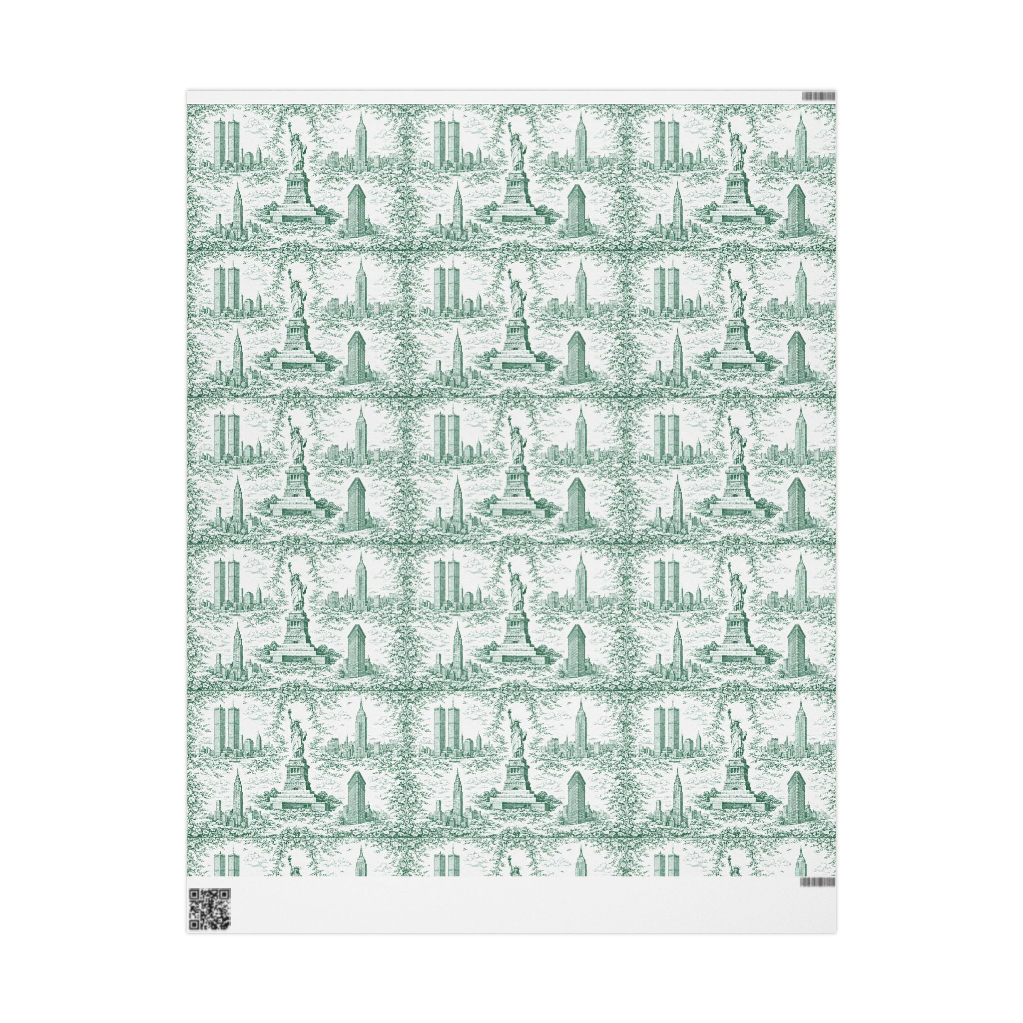 Manhattan NYC Green Toile Gift Wrapping Papers   Chinoiserie Old New York City Gift Wrap Empire State Building Twin Towers Statue of Liberty