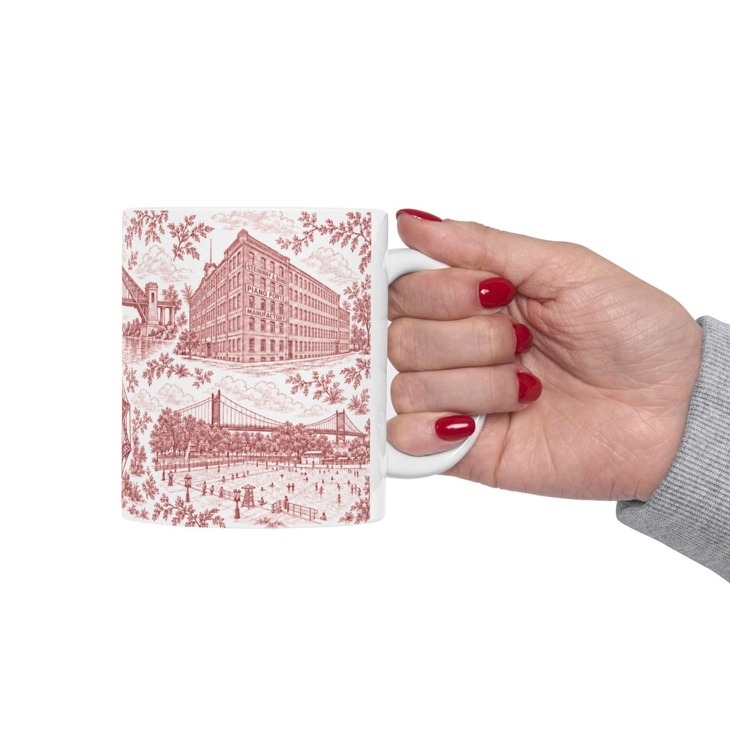 Astoria Red Toile Cityscape Ceramic Mug — 11oz Decorative Coffee Cup