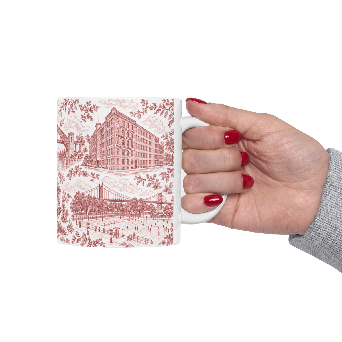Astoria Red Toile Cityscape Ceramic Mug — 11oz Decorative Coffee Cup