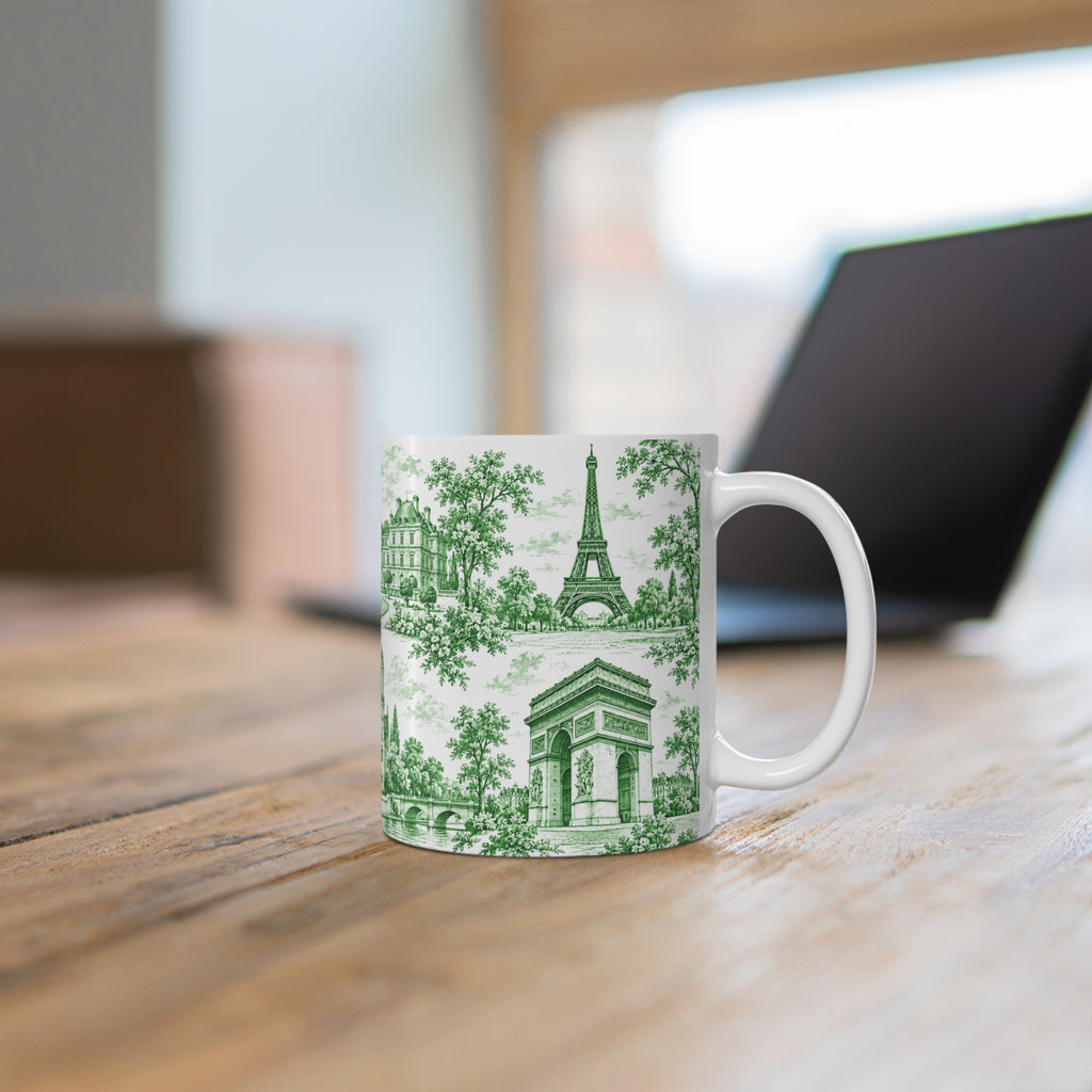 Paris Green and White Toile Ceramic Mug —  (11oz; Ships from Europe)
