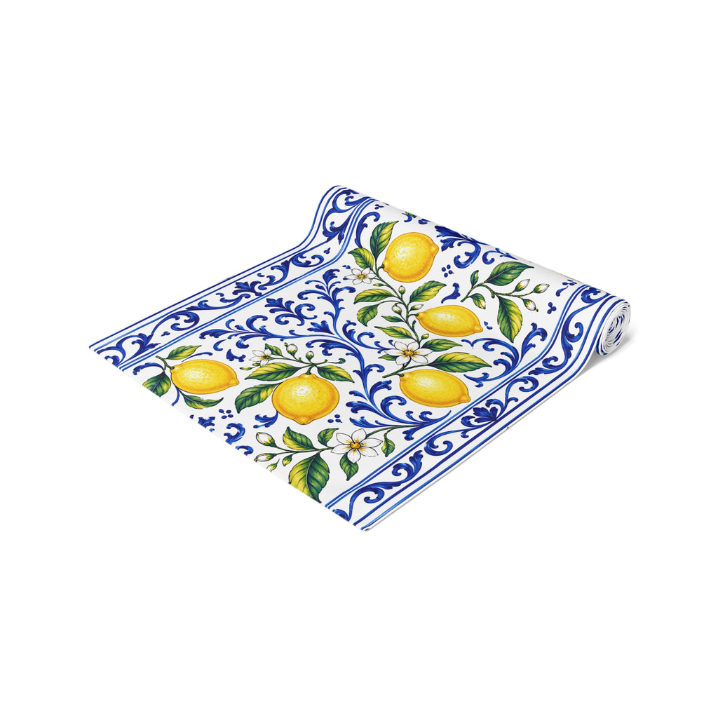 Little Italy Amalfi Blue and White with Lemon Table Runner – Mediterranean Blue & Yellow Dining Decor