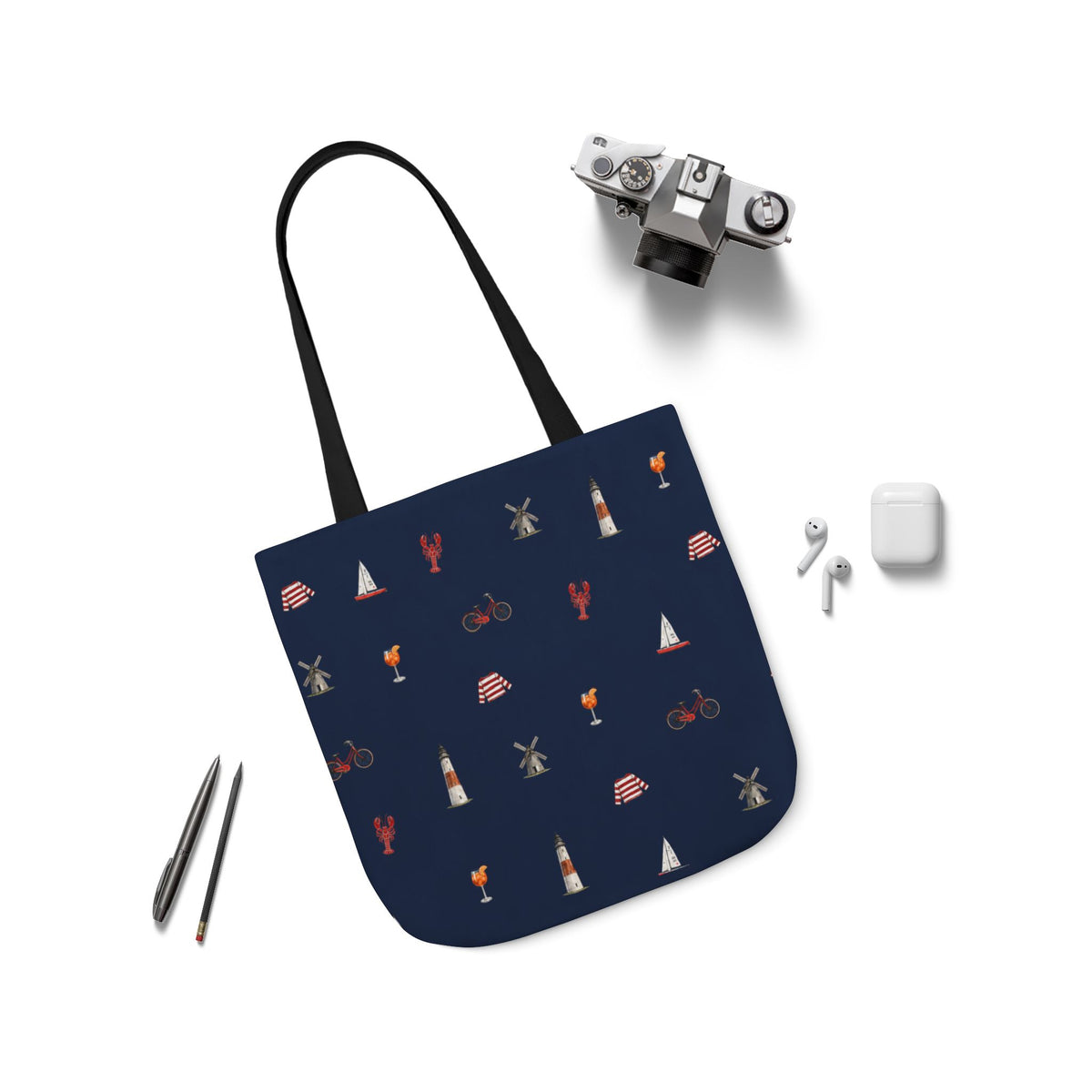Icons of The Hamptons Blue Canvas Tote — Lighthouse, Windmill, Lobster, Sailboat print